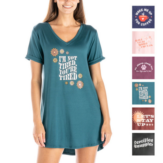 Our Graphic Sleep Shirts bring comfort and style to your bedtime routine. Crafted from our signature soft fabric, these shirts feature fun printed designs, a comfy v-neck cut, and a long tunic length with rolled sleeve detail. Machine washable for easy care.
