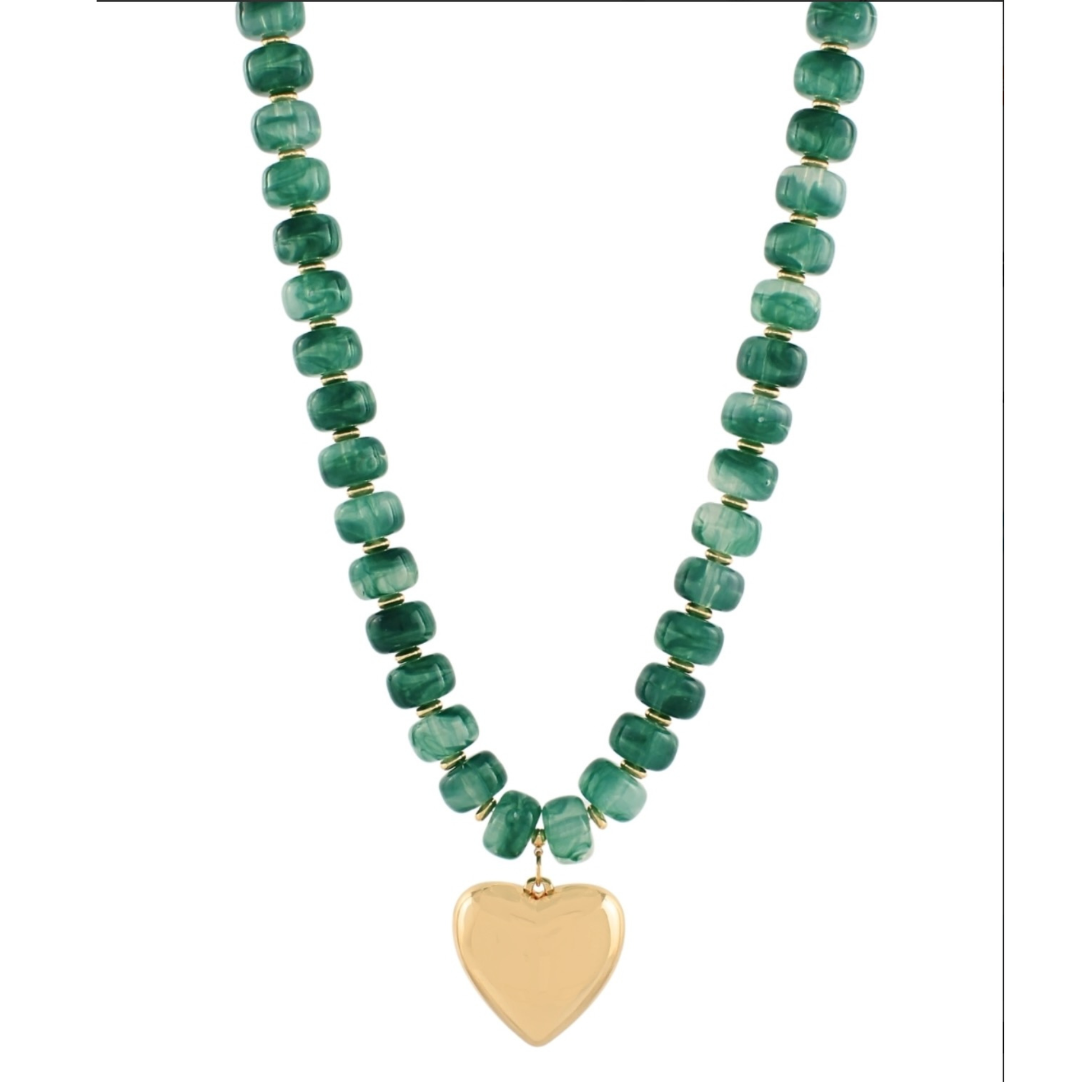 Beaded necklace with heart charm in green