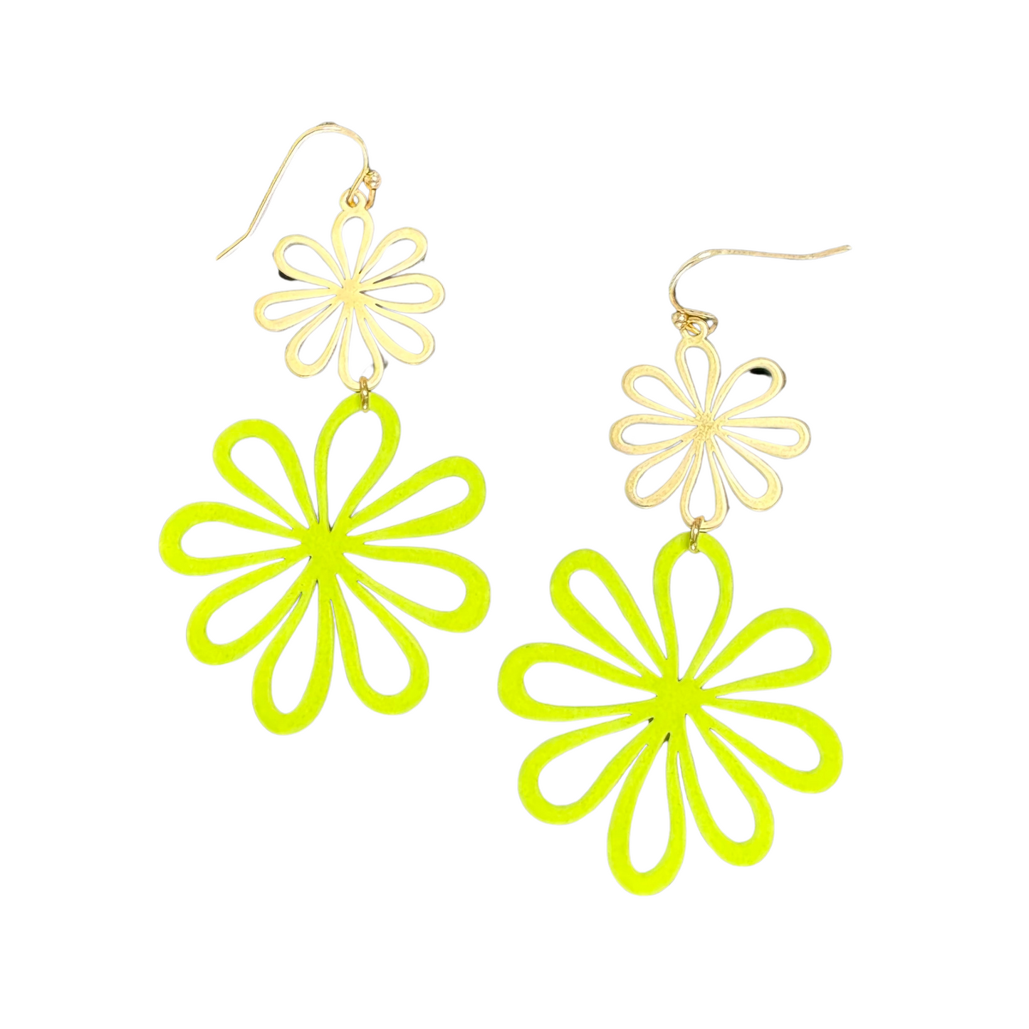 Double flower dangle earrings in gold and lime green