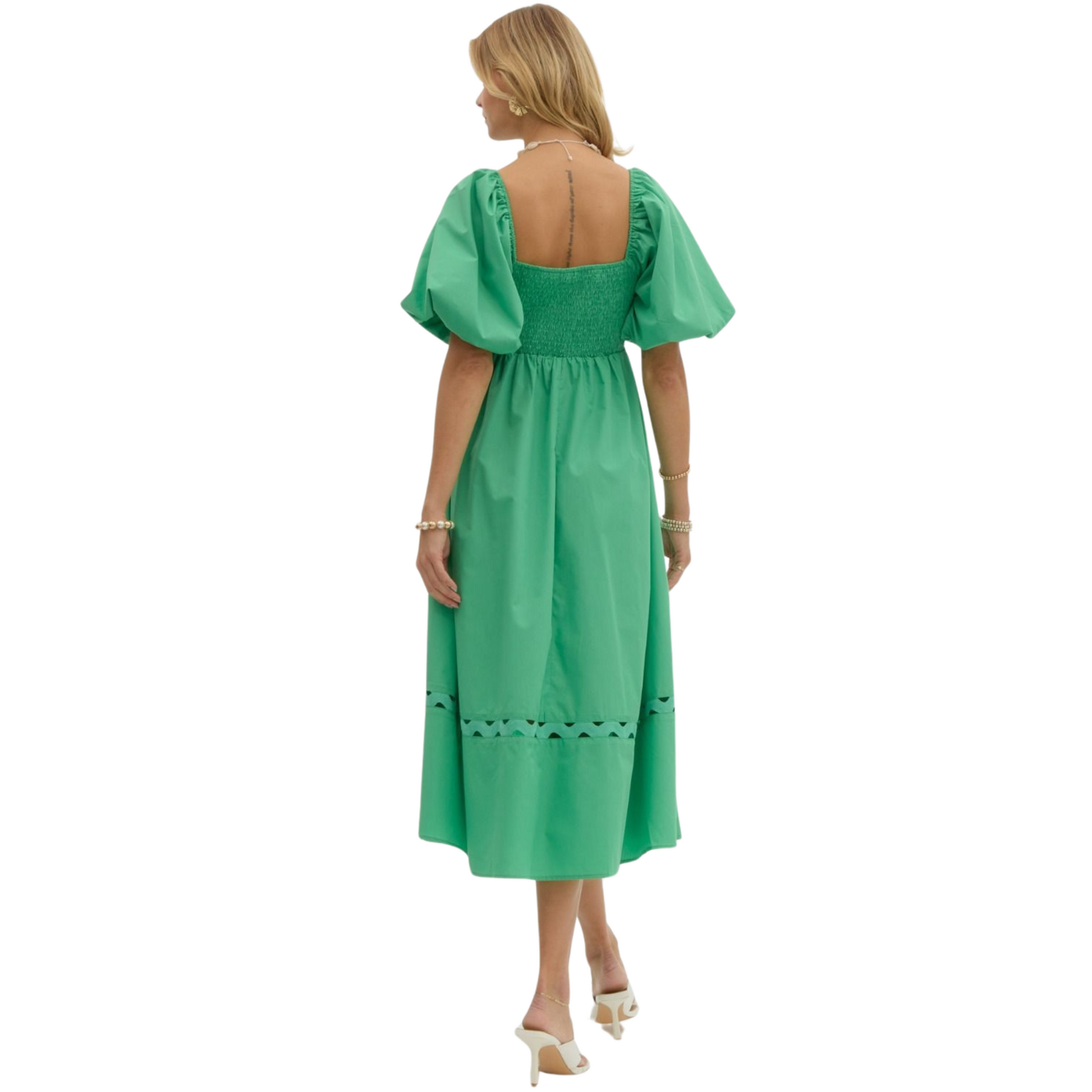 Elevate your wardrobe with this stunning green Puff Sleeve Midi Dress from Entro. Featuring a flattering square neckline and intricate diamond cutout design, this midi dress is both stylish and comfortable. With its signature puff sleeves, this dress is perfect for any occasion.