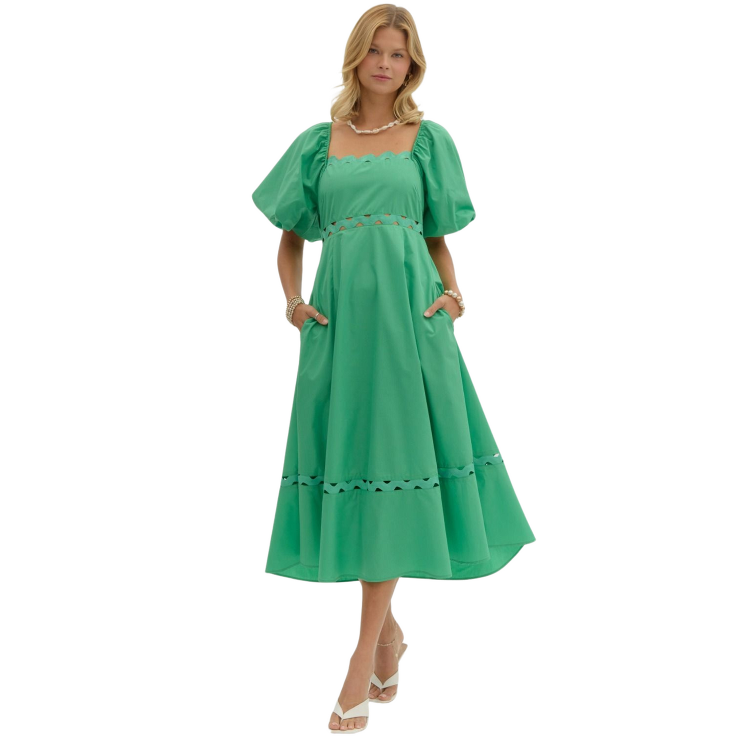 Elevate your wardrobe with this stunning green Puff Sleeve Midi Dress from Entro. Featuring a flattering square neckline and intricate diamond cutout design, this midi dress is both stylish and comfortable. With its signature puff sleeves, this dress is perfect for any occasion.