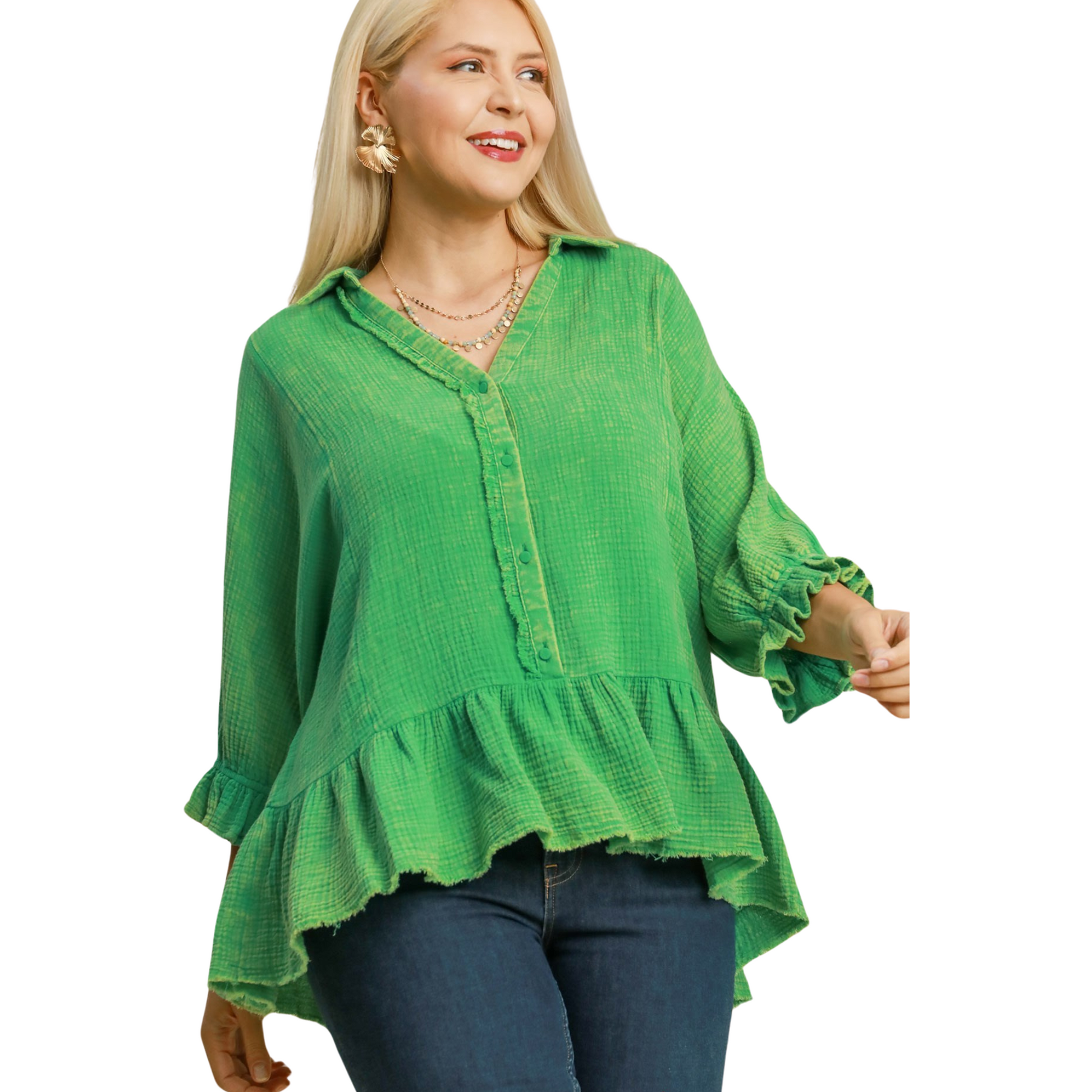 Experience the ultimate comfort and style with the Mineral Wash Top by Umgee. Made with green mineral wash and lightweight gauze material, this plus size top features a flattering v-neck design. Elevate your wardrobe with this trendy and versatile piece.