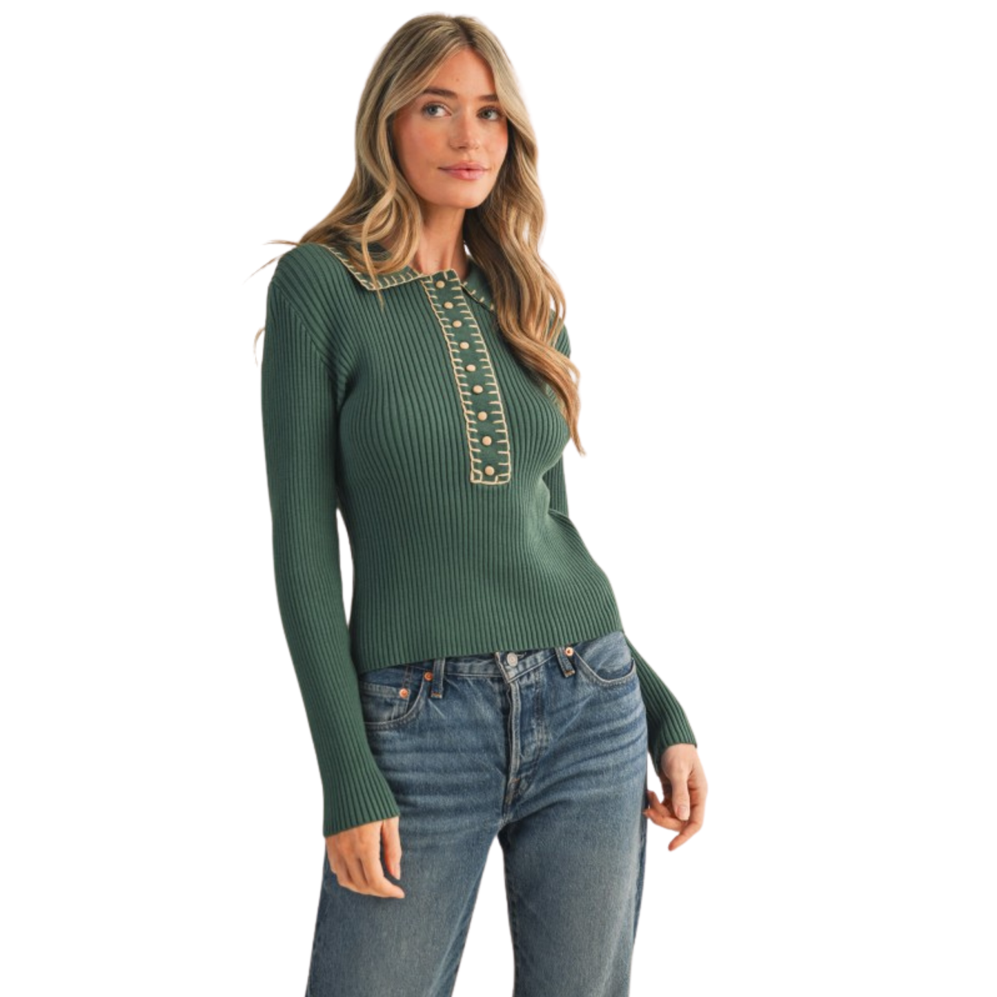 Elevate your everyday wardrobe with this hunter green collared ribbed sweater from &amp;Merci. Crafted from quality ribbed knit fabric, this long-sleeve piece offers a refined silhouette with thoughtful contrast stitching that adds visual interest and dimension. The structured collar and fitted ribbed construction create a polished look suitable for both professional and casual settings. A versatile essential that pairs effortlessly with tailored trousers, denim, or layered pieces for year-round styling.