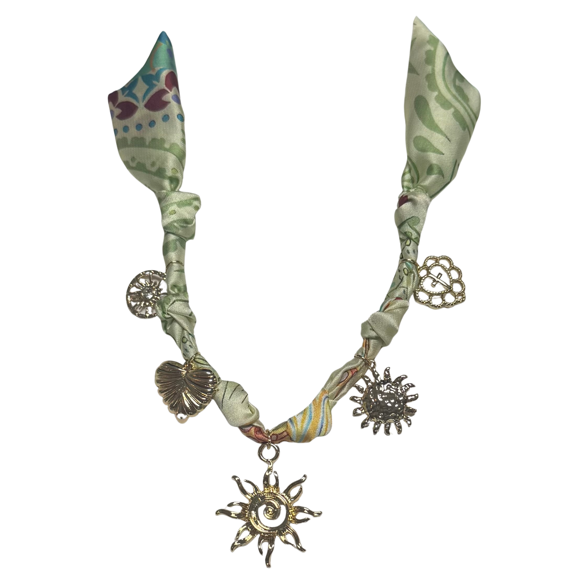 Green scarf necklace with gold sun and heart charms