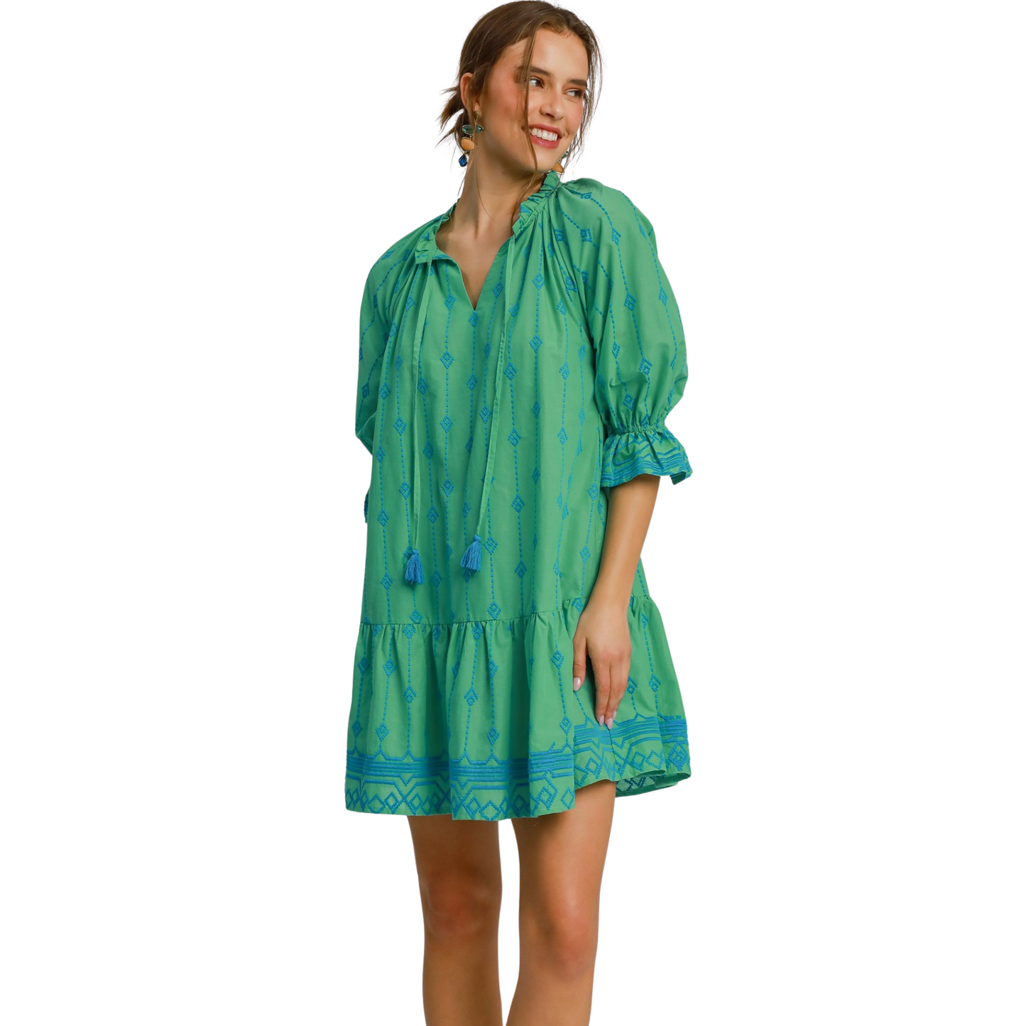 This stylish Embroidered Split Neck Dress features delicate ruffle sleeves and a flattering v-neckline. The tassel accent adds a touch of boho charm to this mini dress. With its vibrant green color, it's perfect for any occasion. Upgrade your wardrobe with this must-have dress.