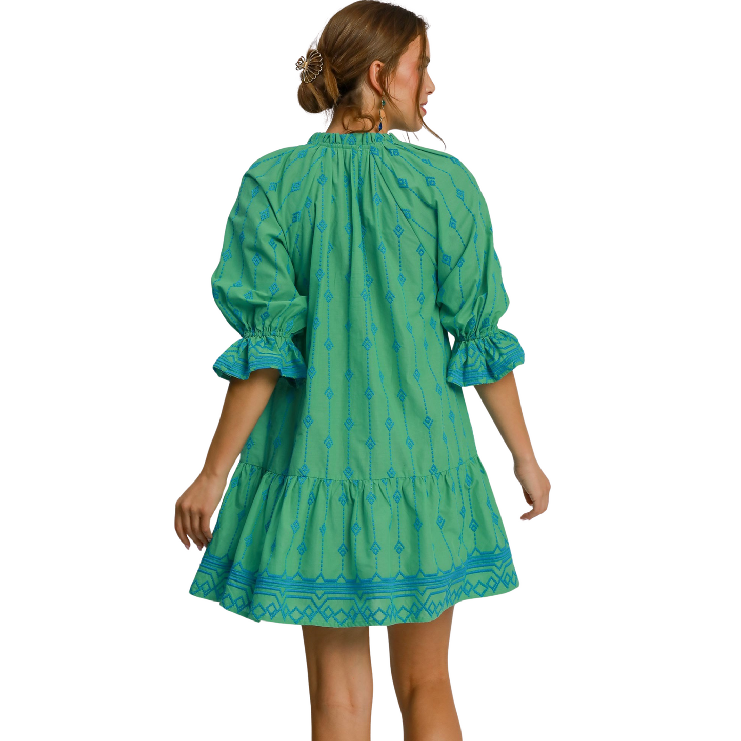 This stylish Embroidered Split Neck Dress features delicate ruffle sleeves and a flattering v-neckline. The tassel accent adds a touch of boho charm to this mini dress. With its vibrant green color, it's perfect for any occasion. Upgrade your wardrobe with this must-have dress.