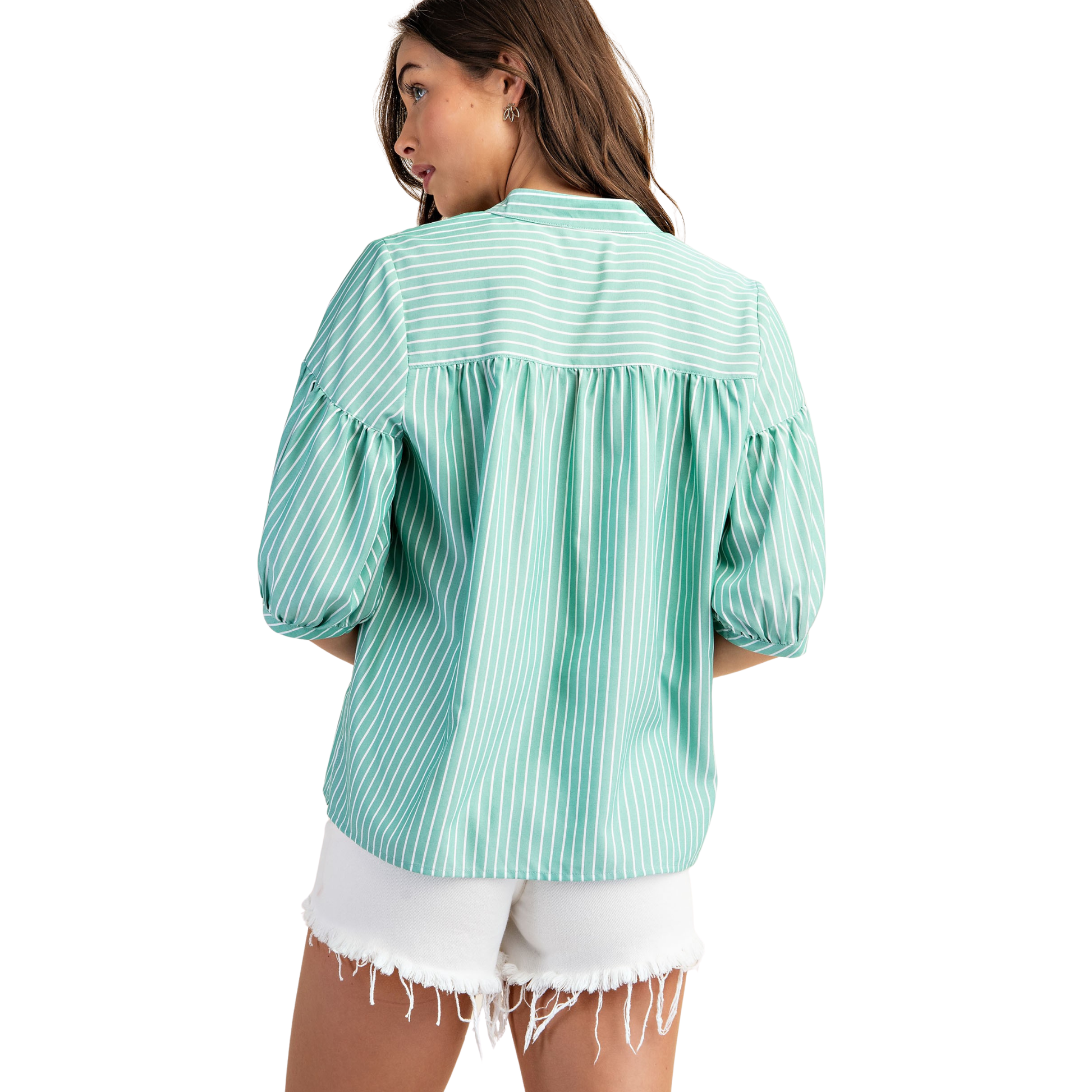 This plus size Bubble Sleeve Blouse by GiGio combines playful style with everyday versatility. This charming piece features distinctive bubble sleeves that add dimension and movement, paired with a fresh green striped pattern for a modern, eye-catching look. The 3/4 length sleeves offer the perfect balance between coverage and breathability, making it ideal for layering or wearing solo. Whether you're dressing up for work or keeping it casual, this blouse brings a touch of personality to any outfit.