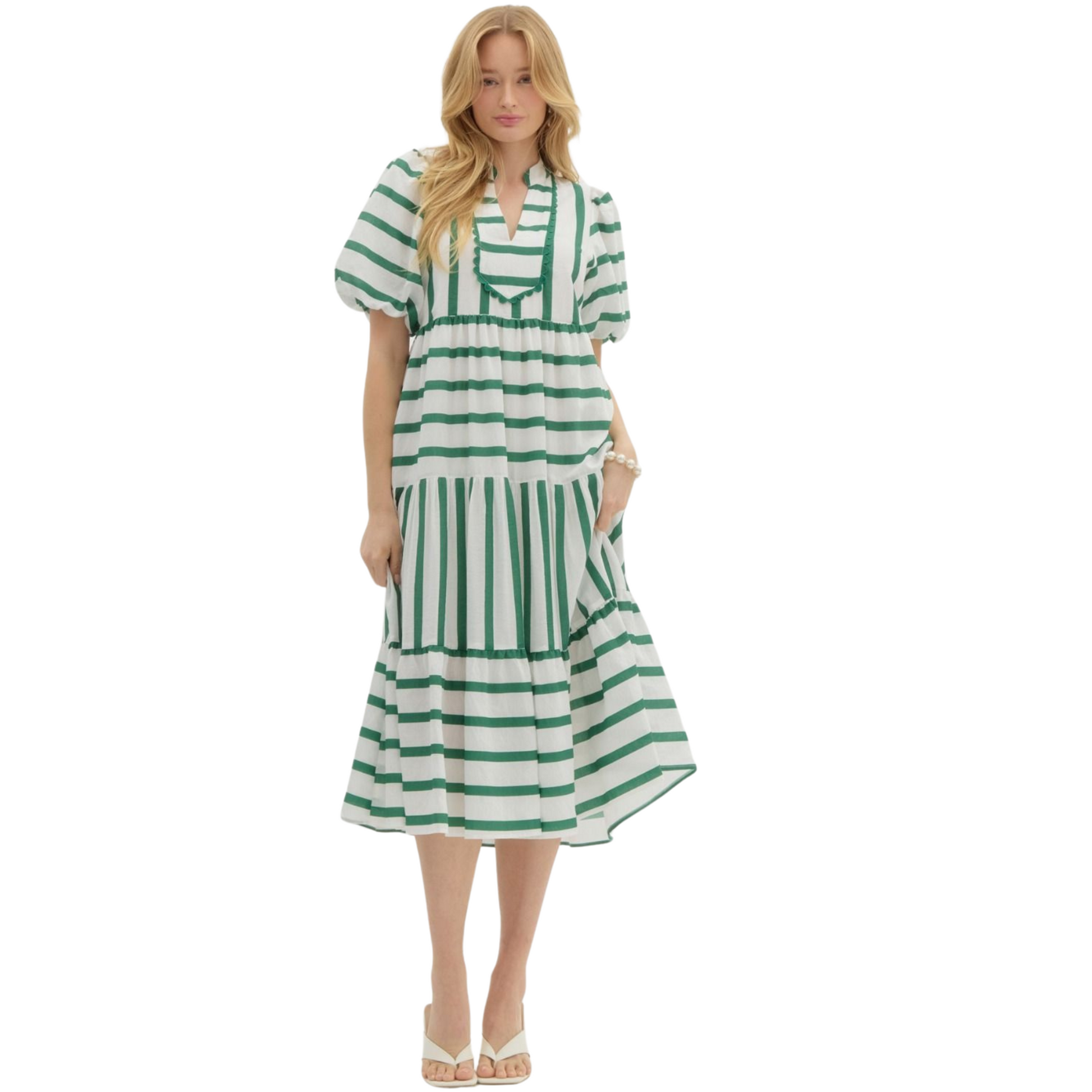 Expertly designed for plus size women, this green Bubble Sleeve Midi Dress is the perfect addition to your wardrobe. With its unique scallop accent front and striped short bubble sleeves, it's both stylish and functional. The addition of pockets and lightweight, non-sheer woven fabric make it a versatile and comfortable choice for any occasion.