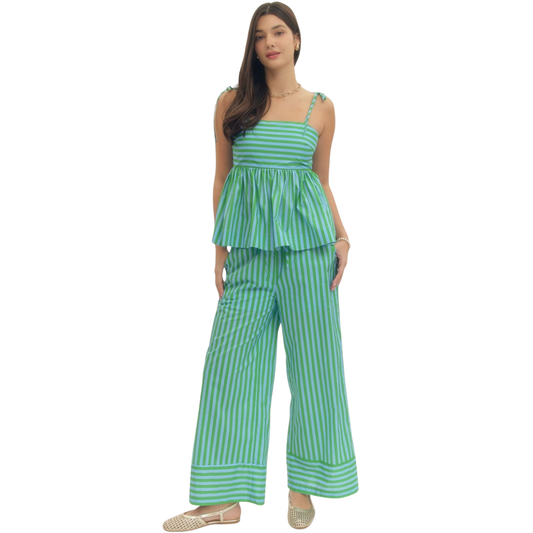Effortless style meets comfort in this chic two-piece set. The spaghetti strap top pairs perfectly with wide-leg pants for a relaxed, modern silhouette. Green striped detailing adds visual interest and versatility to your wardrobe. Perfect for casual outings or laid-back weekends.