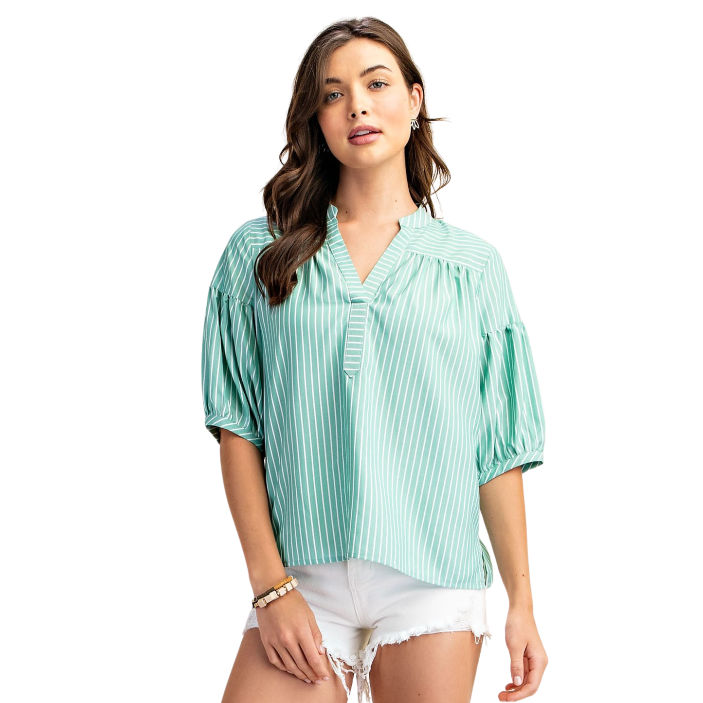 Elevate your casual wardrobe with this charming Striped Bubble Sleeve Top by GiGio. Featuring classic green stripes and a flattering V-neck design, this piece combines timeless style with modern comfort. The half-sleeve bubble detail adds a playful touch, making it perfect for layering or wearing solo. Versatile enough for everyday wear, this top transitions seamlessly from weekend outings to relaxed office settings. A wardrobe essential that works with your favorite jeans or skirts.
