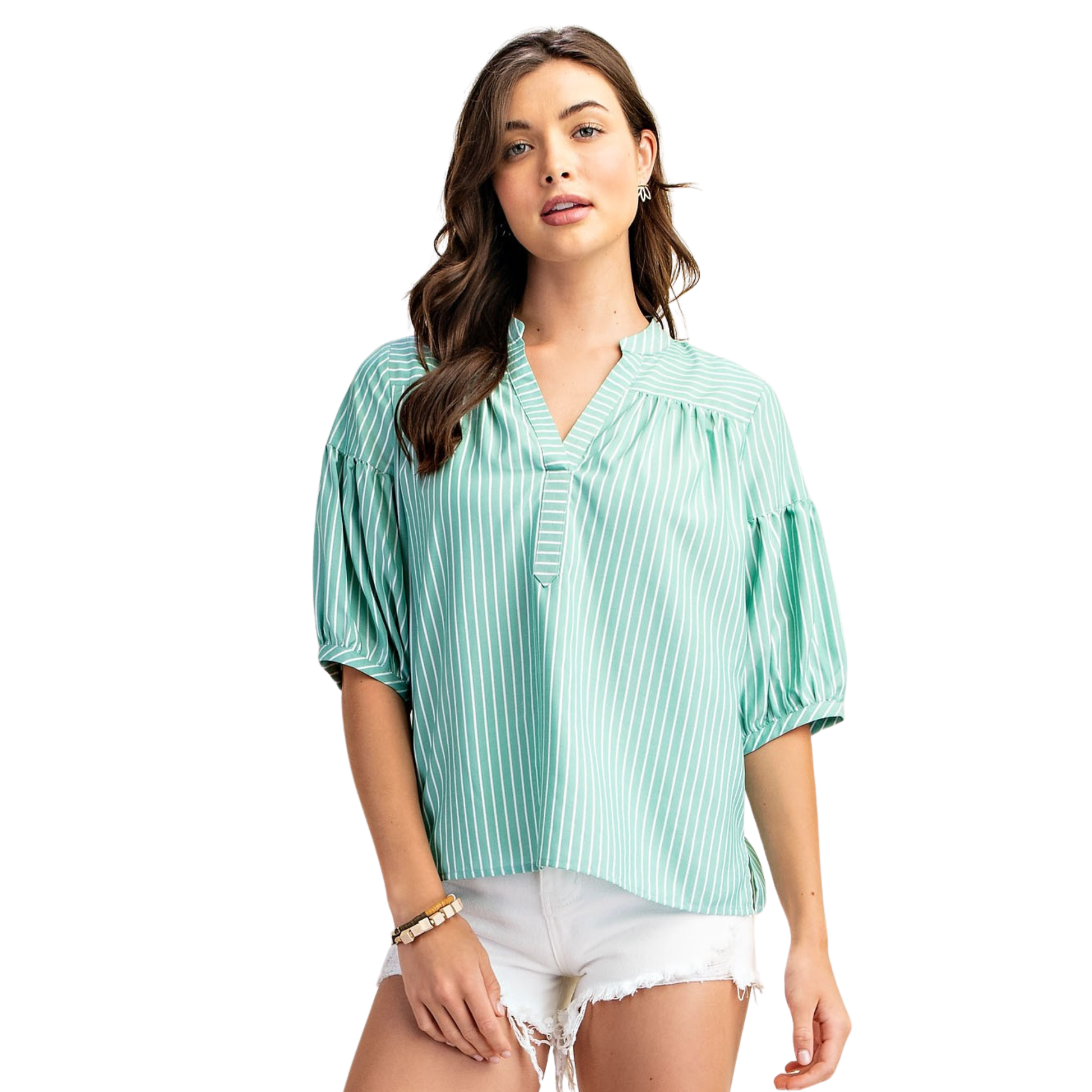 Elevate your casual wardrobe with this charming Striped Bubble Sleeve Top by GiGio. Featuring classic green stripes and a flattering V-neck design, this piece combines timeless style with modern comfort. The half-sleeve bubble detail adds a playful touch, making it perfect for layering or wearing solo. Versatile enough for everyday wear, this top transitions seamlessly from weekend outings to relaxed office settings. A wardrobe essential that works with your favorite jeans or skirts.