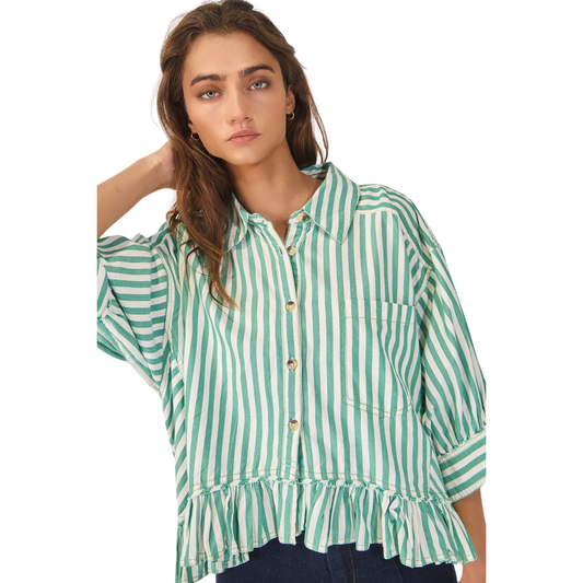 Upgrade your wardrobe with this Ruffled Detail Button Down Shirt. The collared-neckline and 3/4 sleeves with cuffs create a classic and professional look, while the button-front closures provide functionality. The relaxed fit and ruffled hem add a touch of style to this striped shirt. Experience style and comfort in one.