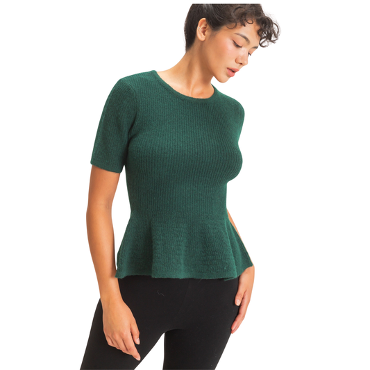 Elevate your wardrobe with this stunning Ribbed Peplum Knit Top from Double Zero. Crafted in a rich dark green, this piece combines timeless style with contemporary flair. The fitted ribbed knit hugs your silhouette while the feminine peplum waist adds dimension and movement. Half sleeves keep it fresh and versatile—perfect for layering or wearing solo. Whether you're heading to the office or out for an evening, this knit top transitions seamlessly from day to night. 