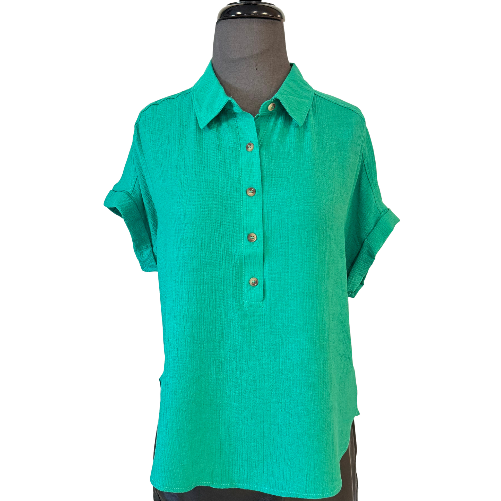 Mid button down top in Kelly green