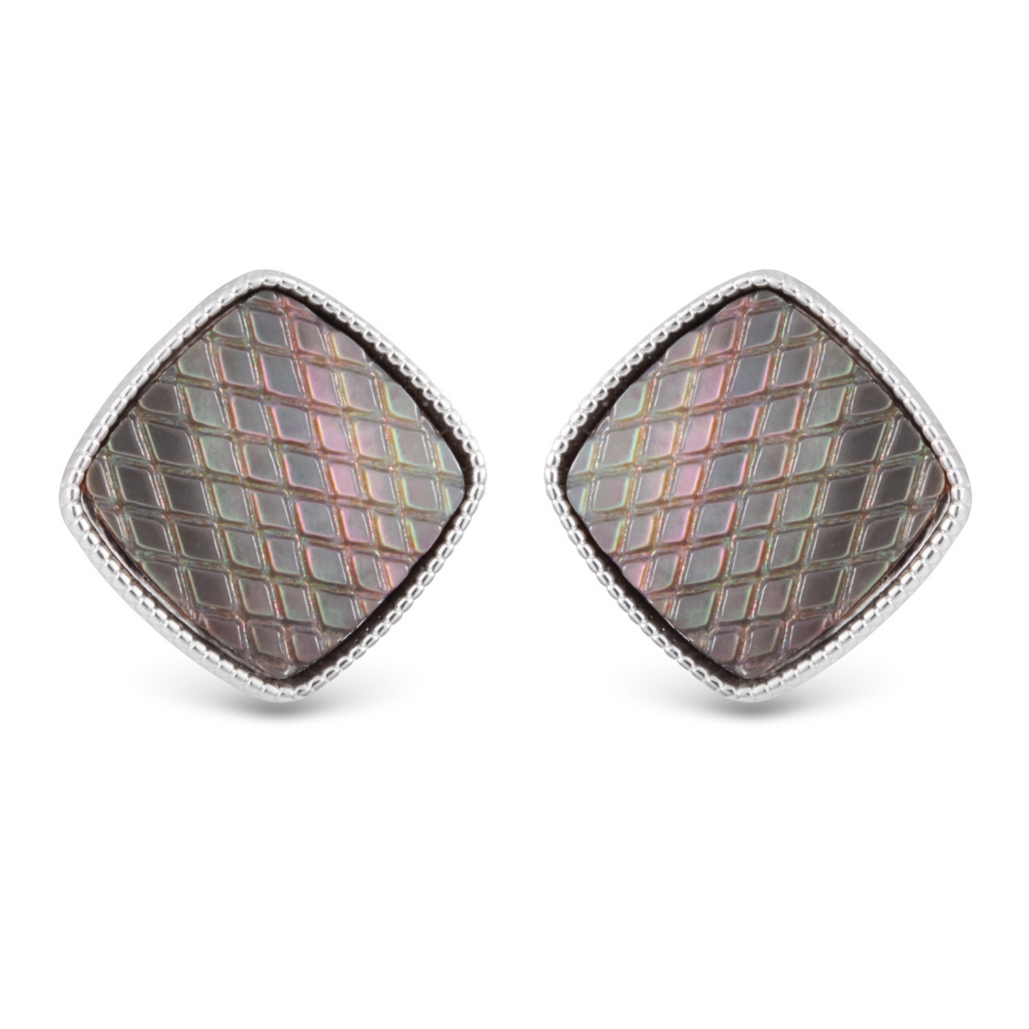 Mother of Pearl etched square studs in grey and silver