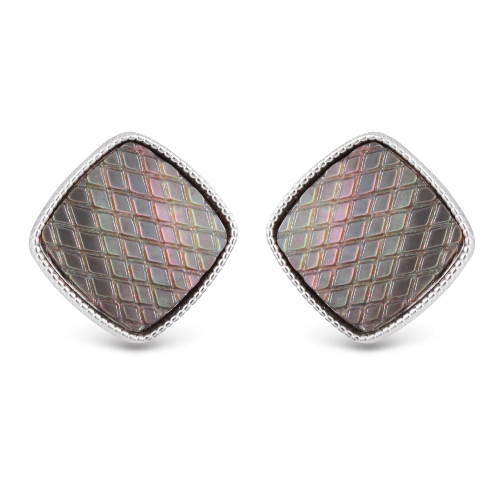 Mother of Pearl etched square studs in grey and silver