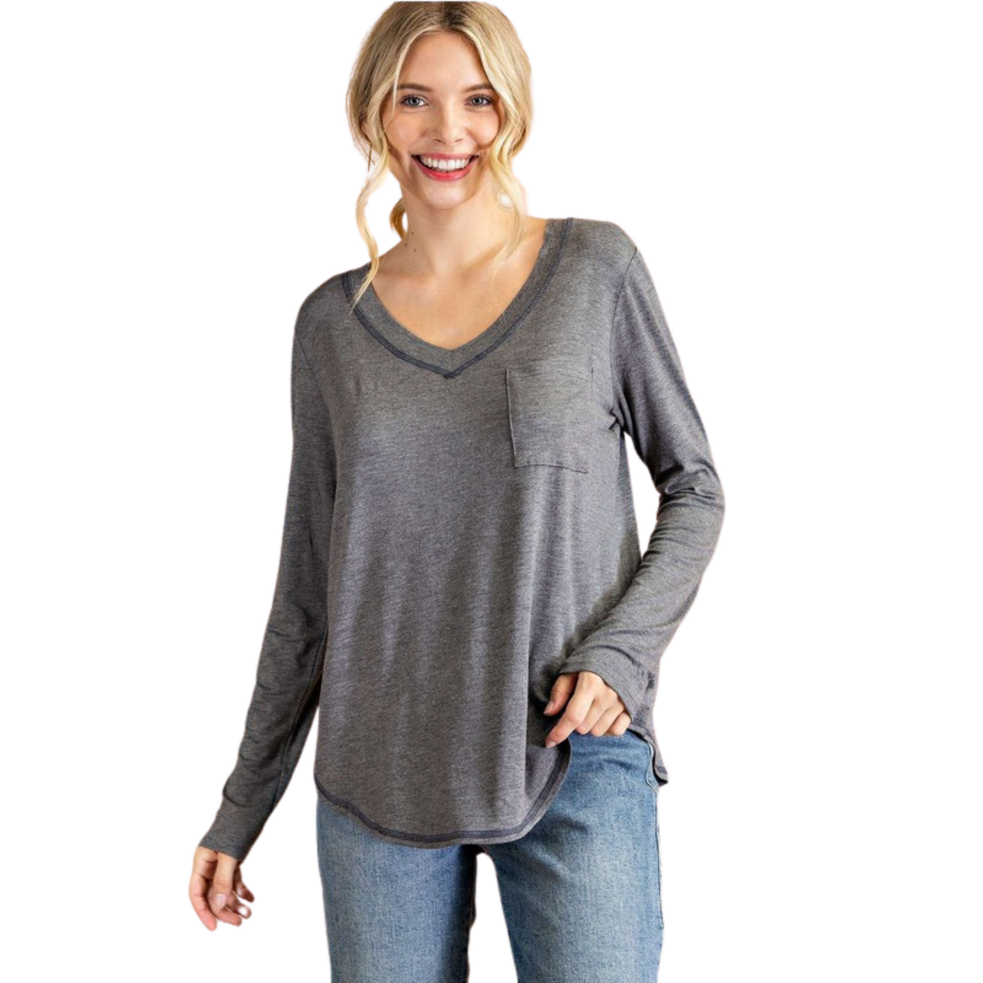 This lightweight plus-size top in a neutral grey hue is perfect for completing an easy, yet stylish look. Featuring a flattering v-neckline with stitch contrast detailing, long sleeves, and relaxed fit, this top will add a touch of effortless chicness to any ensemble.