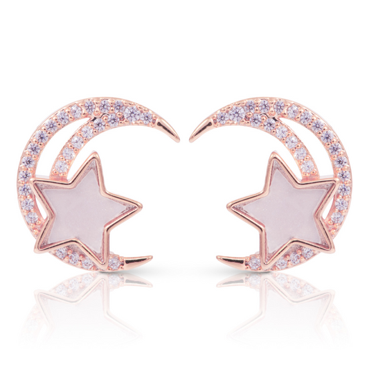 These elegant Half Moon and Star Earrings feature a delicate half moon and star design with sparkling rhinestone accents. Crafted in rose gold and secured with stud backs, these earrings are perfect for adding a touch of celestial beauty to any outfit.