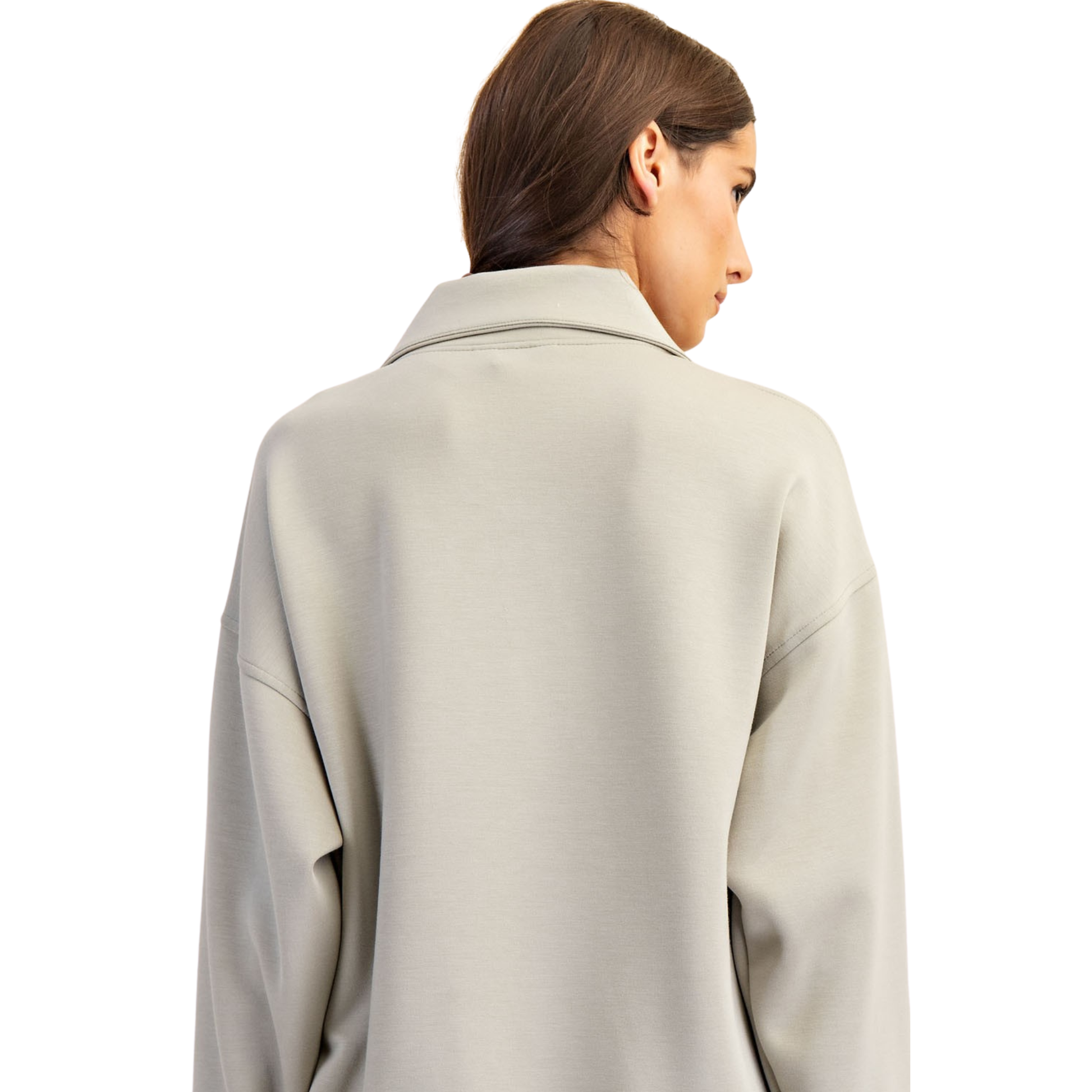 Modal Scuba Fleece Neck Pullover in light sage delivers understated sophistication with practical versatility. The half-zip design allows easy temperature regulation, while the long sleeves provide coverage for layering or standalone wear. Crafted from modal scuba fleece, this Rae Mode piece combines a soft hand-feel with structured support. The neutral sage tone pairs effortlessly with your existing wardrobe, making it an essential layering piece for transitional seasons or casual everyday styling.