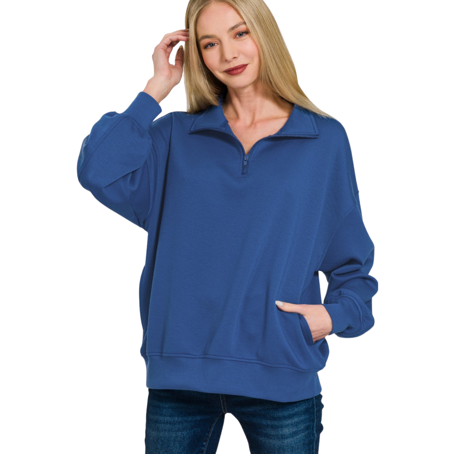Elevate your casual wardrobe with the Zenana Scuba Half Zip Pullover, crafted from premium scuba fabric that delivers exceptional comfort and durability. The light navy colorway pairs effortlessly with any outfit, while the long sleeves provide versatile coverage for year-round wear. The half zip design offers convenient layering options and easy temperature adjustment throughout your day. Zenana's reputation for quality construction ensures this pullover maintains its shape and softness wash after wash, ma