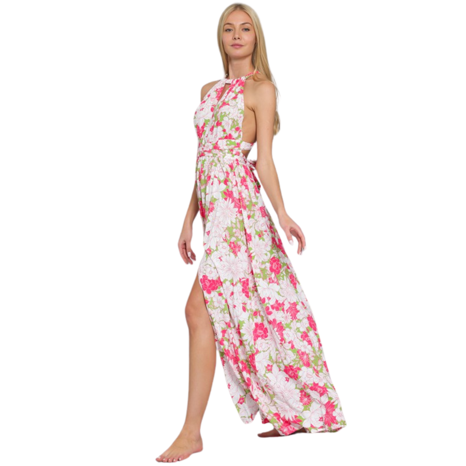 Expertly crafted with a halter top and backless design, this maxi dress is perfect for warm weather occasions. The stunning floral print in vibrant fuchsia and green adds a touch of elegance to this must-have piece. Embrace effortless style and comfort in this versatile dress.