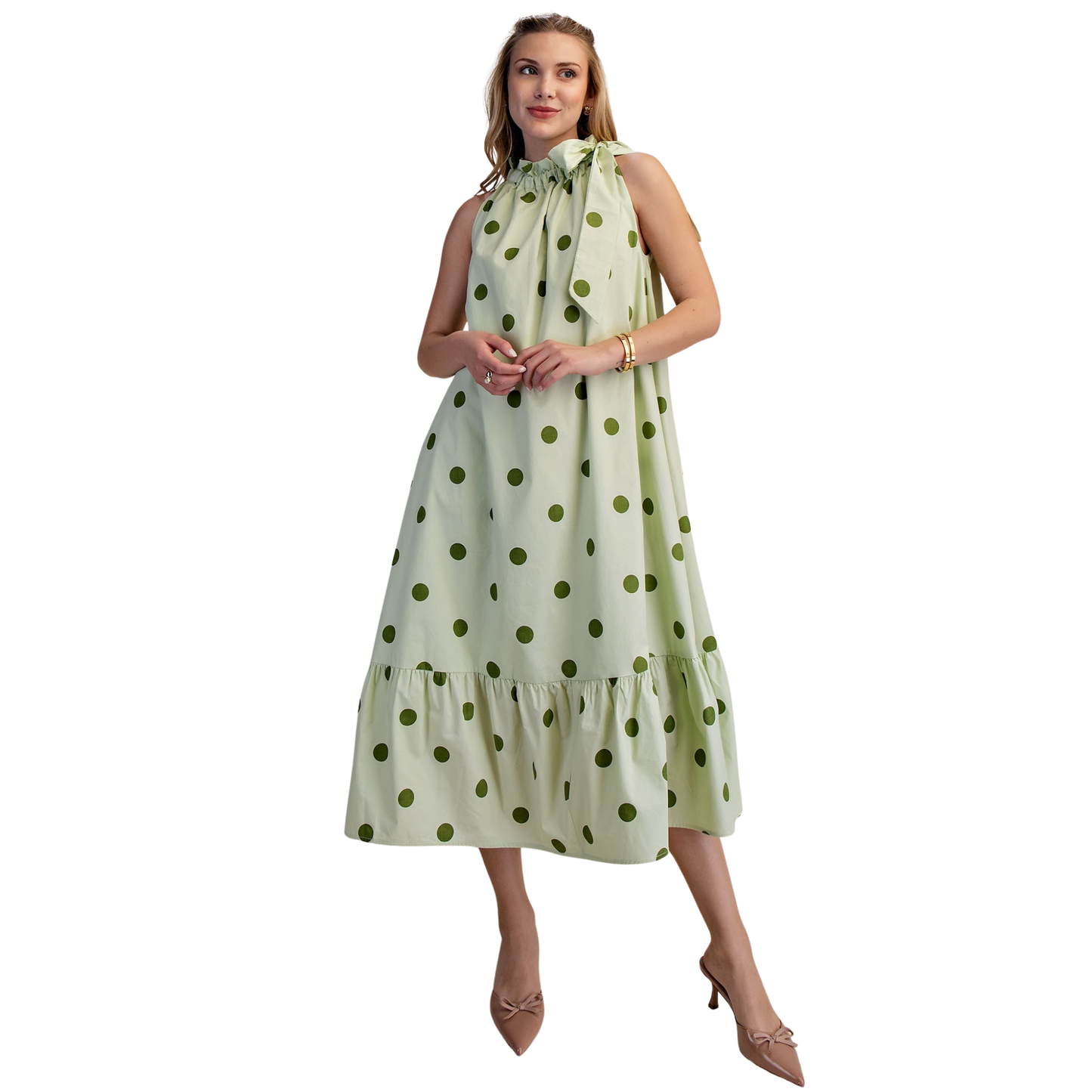 Elevate your wardrobe with this stunning Halter Neck Midi Dress from Glam. The vibrant green fabric features playful polka dots that add a touch of retro charm to any occasion. The flattering halter neckline provides elegant support while the midi length offers a sophisticated silhouette perfect for brunch, date night, or casual gatherings. Comfortable, stylish, and effortlessly chic—this dress is a versatile essential for the modern woman.