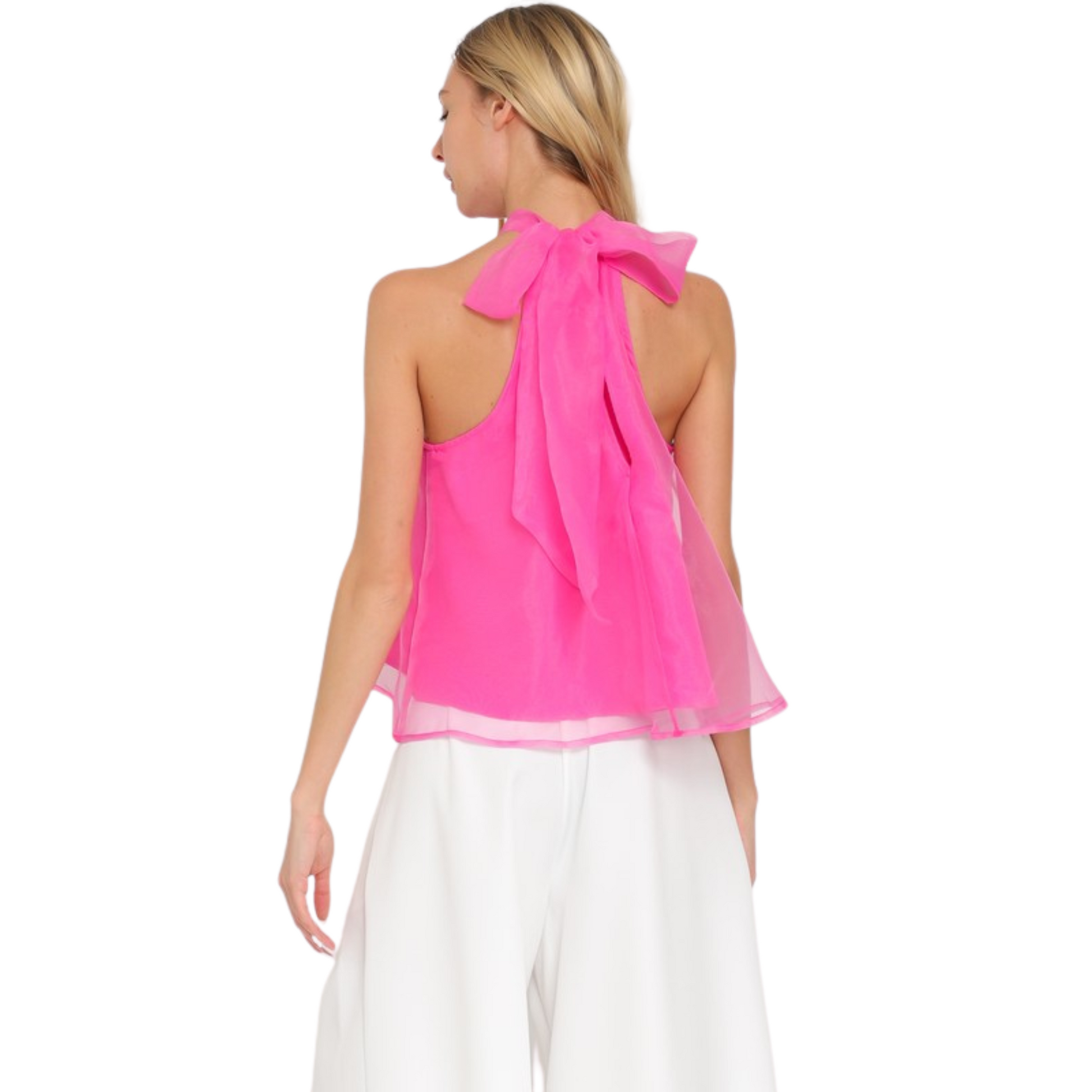 Expertly crafted with a delicate pink organza fabric, this Sleeveless Halter Top exudes elegance and sophistication. The tie back feature provides a customizable fit, making it the perfect addition to any wardrobe. Elevate your style with this effortless halter top.