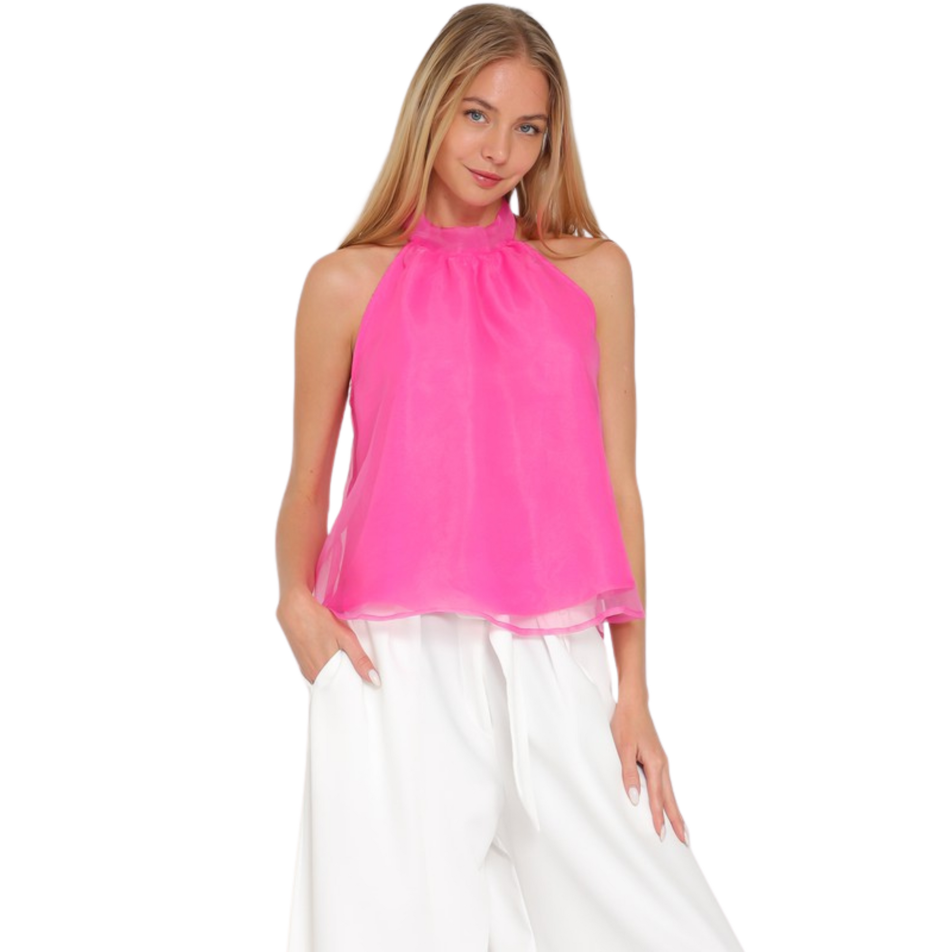 Expertly crafted with a delicate pink organza fabric, this Sleeveless Halter Top exudes elegance and sophistication. The tie back feature provides a customizable fit, making it the perfect addition to any wardrobe. Elevate your style with this effortless halter top.