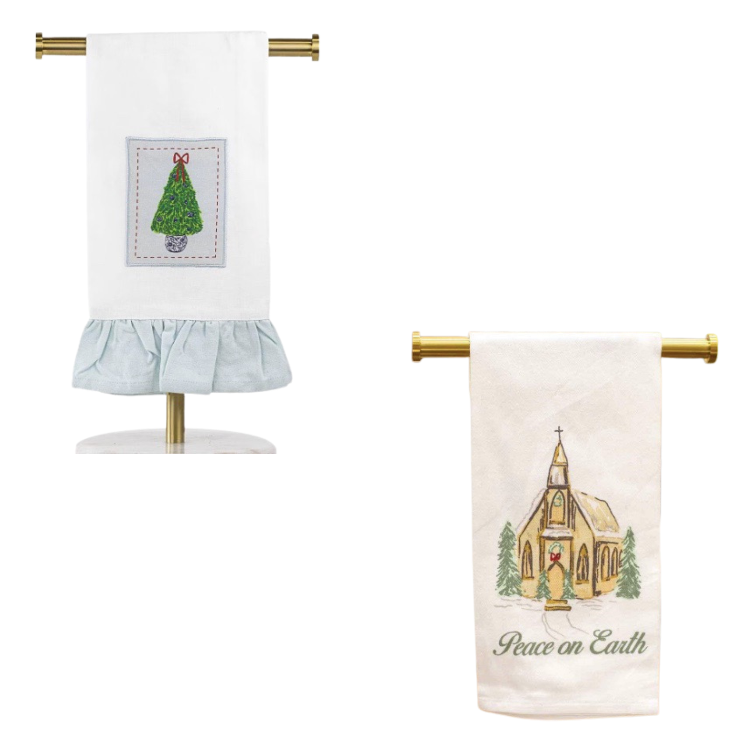 Introducing the Christmas Hand Towel by The Royal Standard. These festive hand towels are available in two designs: Peace on Earth and Christmas Topiary. Made with high-quality materials, they add a touch of holiday spirit to any bathroom. Bring joy and cheer into your home this season with these beautifully crafted towels.