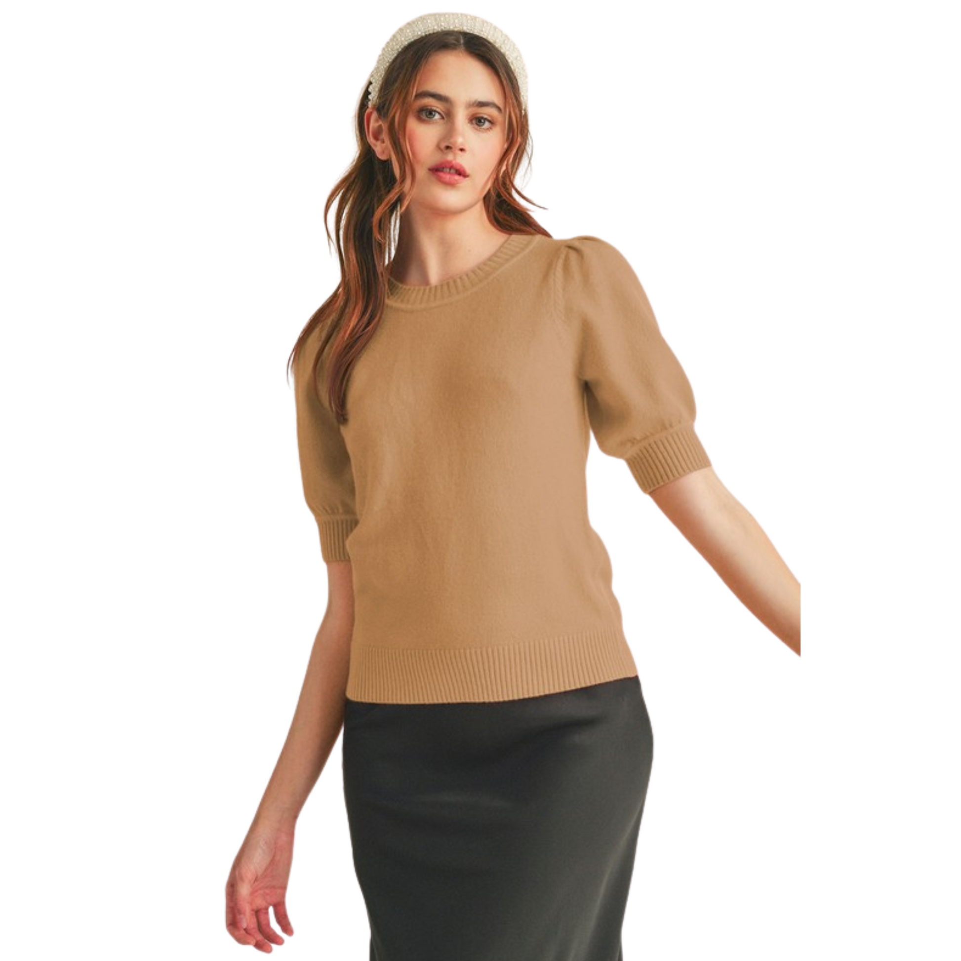 Introducing the Short Puff Sleeve Sweater, a classic and timeless knit sweater with modern detailing. This stylish sweater features a round neckline, short puff sleeves with ribbed cuffs, gathered puff shoulders, ribbed neckline, cuffs, and hem, and a super soft knit in a beautiful hazel hue. Enjoy quality and comfort in a timeless design.