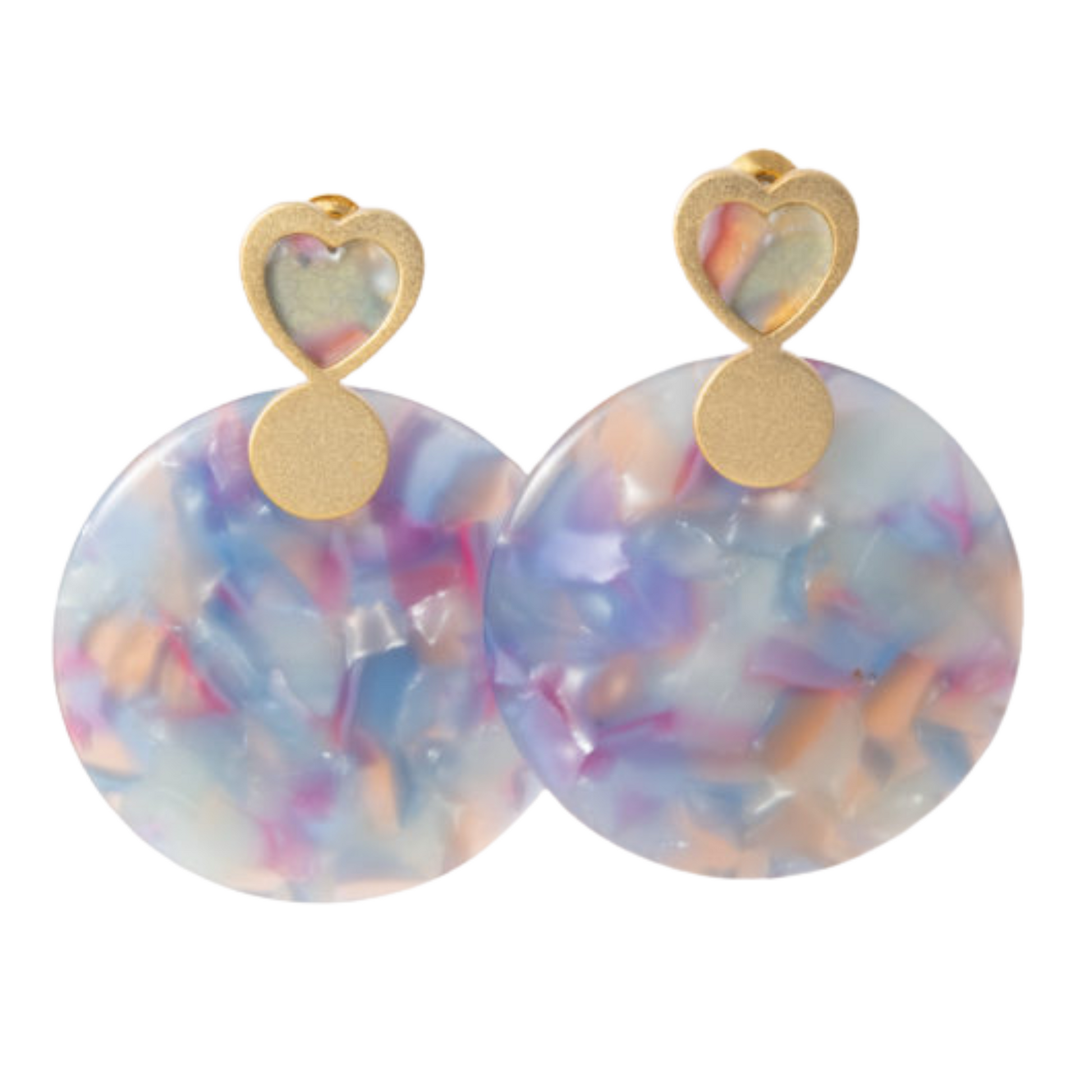 These Amanda Blu Heart Circle Drop Earrings feature a vibrant multicolor design with delicate gold accents and charming heart details. The perfect accessory to add a touch of elegance to any outfit.