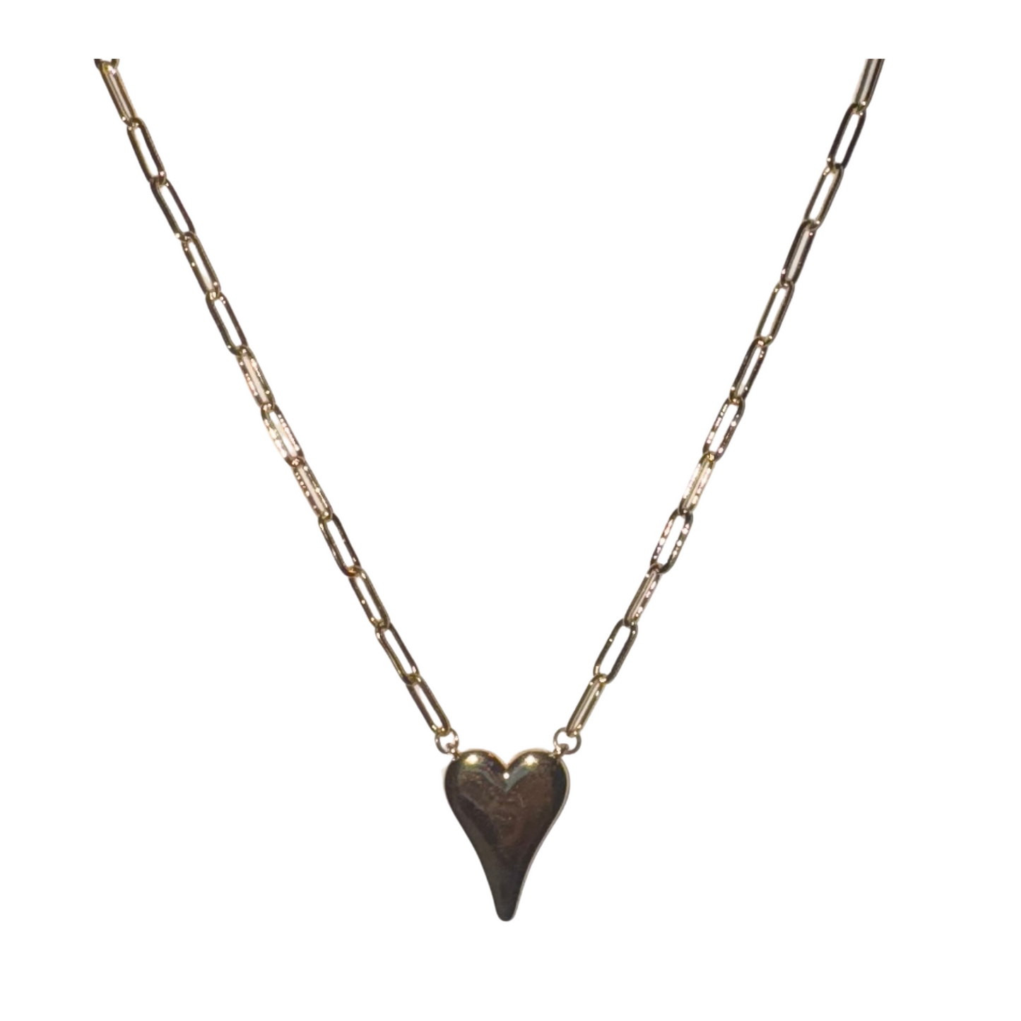 This elegant gold chain link necklace features a charming heart pendant. The short length makes it perfect for layering or wearing alone. Crafted with care, this necklace is a timeless addition to any jewelry collection, offering a touch of sophistication to any outfit.