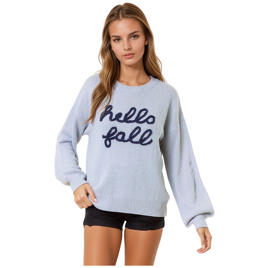Embrace the season in the Hello Fall Embroidered Sweater by Doe and Rae. This oversized heather grey sweater combines cozy warmth with a stylish, relaxed fit, perfect for layering on crisp autumn days. The subtle yet charming "hello fall" embroidery adds a refined seasonal touch, making it an expert choice for comfort and casual elegance. Crafted to provide both softness and durability, it’s ideal for those seeking a versatile wardrobe staple that effortlessly welcomes fall.
