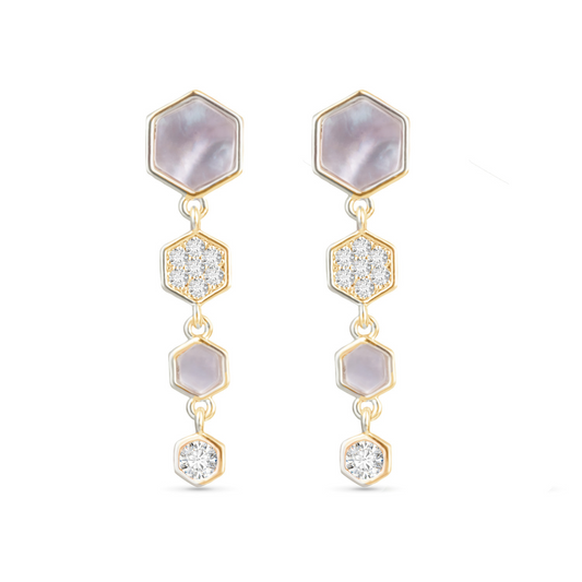 Elevate your style with our Mother of Pearl Hexagon Earrings. The elegant dangle design is accentuated with shimmering rhinestones, perfect for adding a touch of glamour to any outfit. Crafted with gold and mother of pearl, these earrings are the perfect accessory for any occasion.