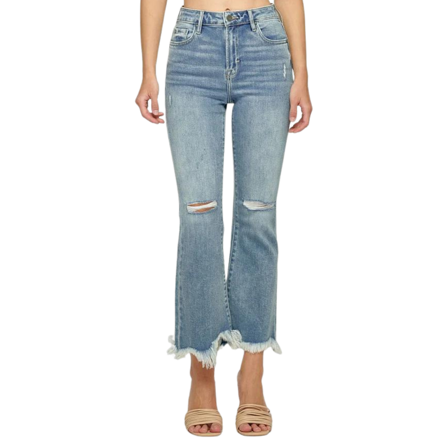 Happy High Waist Super Fray Flare Jeans are the perfect addition to any wardrobe. They feature light wash distressed fabric with a cropped fit and frayed hems, creating an edgy yet polished look. Take your style to the next level with these fashionable jeans.
