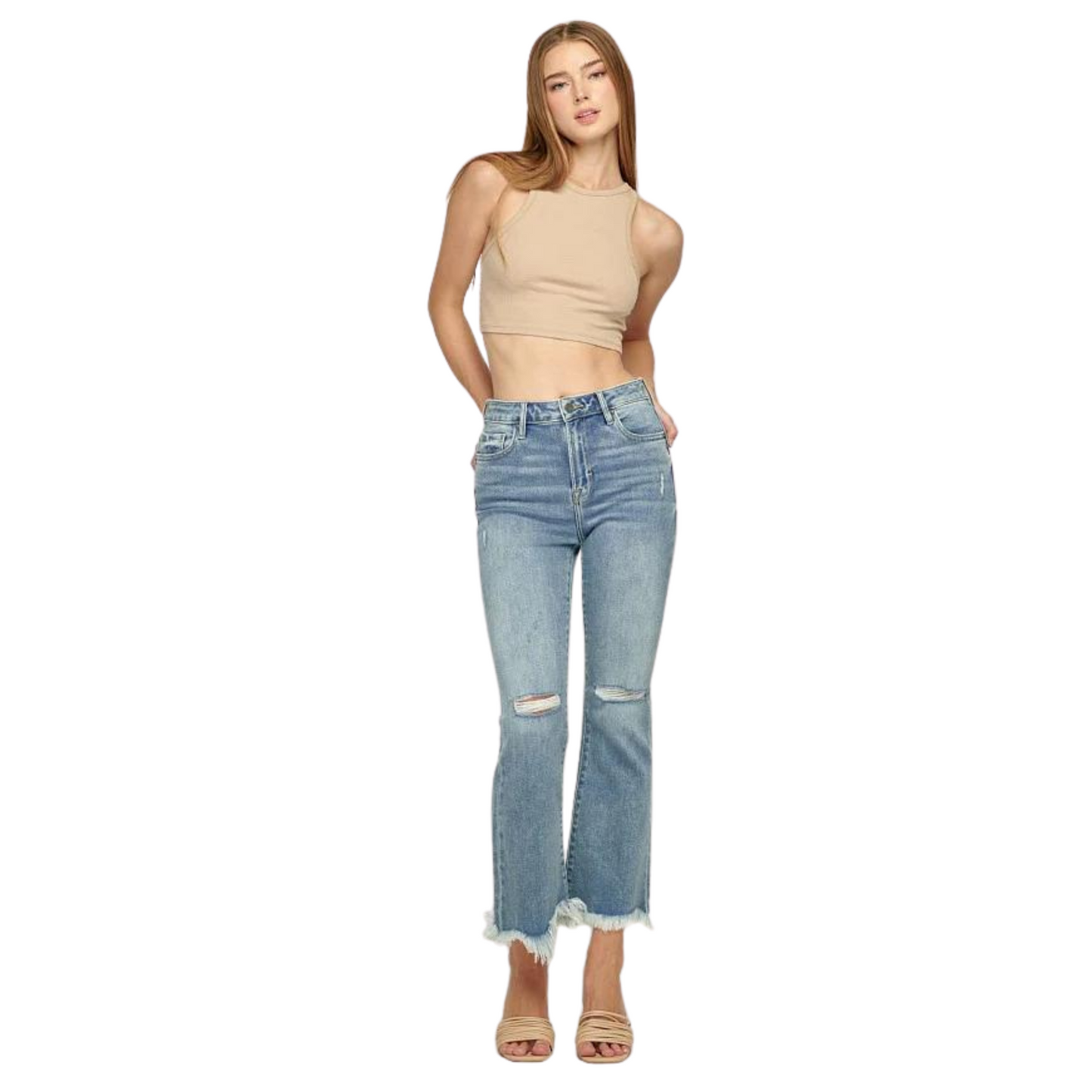 Happy High Waist Super Fray Flare Jeans are the perfect addition to any wardrobe. They feature light wash distressed fabric with a cropped fit and frayed hems, creating an edgy yet polished look. Take your style to the next level with these fashionable jeans.
