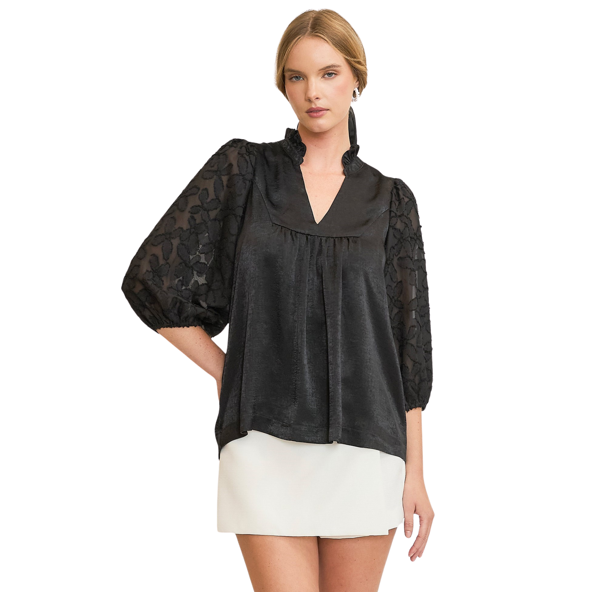 This elegant High Neck Satin Top by Umgee features a classic black color and delicate floral accent sleeves. Perfect for any occasion, this top exudes both style and sophistication. Elevate your wardrobe with this versatile piece that offers a luxurious look and comfortable fit.