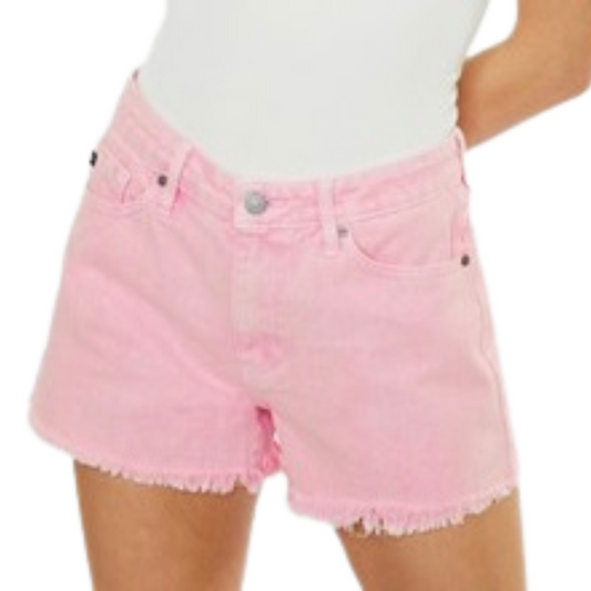 Feel stylish and comfortable in these high rise frayed hem shorts. Crafted in a beautiful pastel pink hue, they feature a raw hemline which adds an edgy touch to your wardrobe. Perfect for casual summer days.