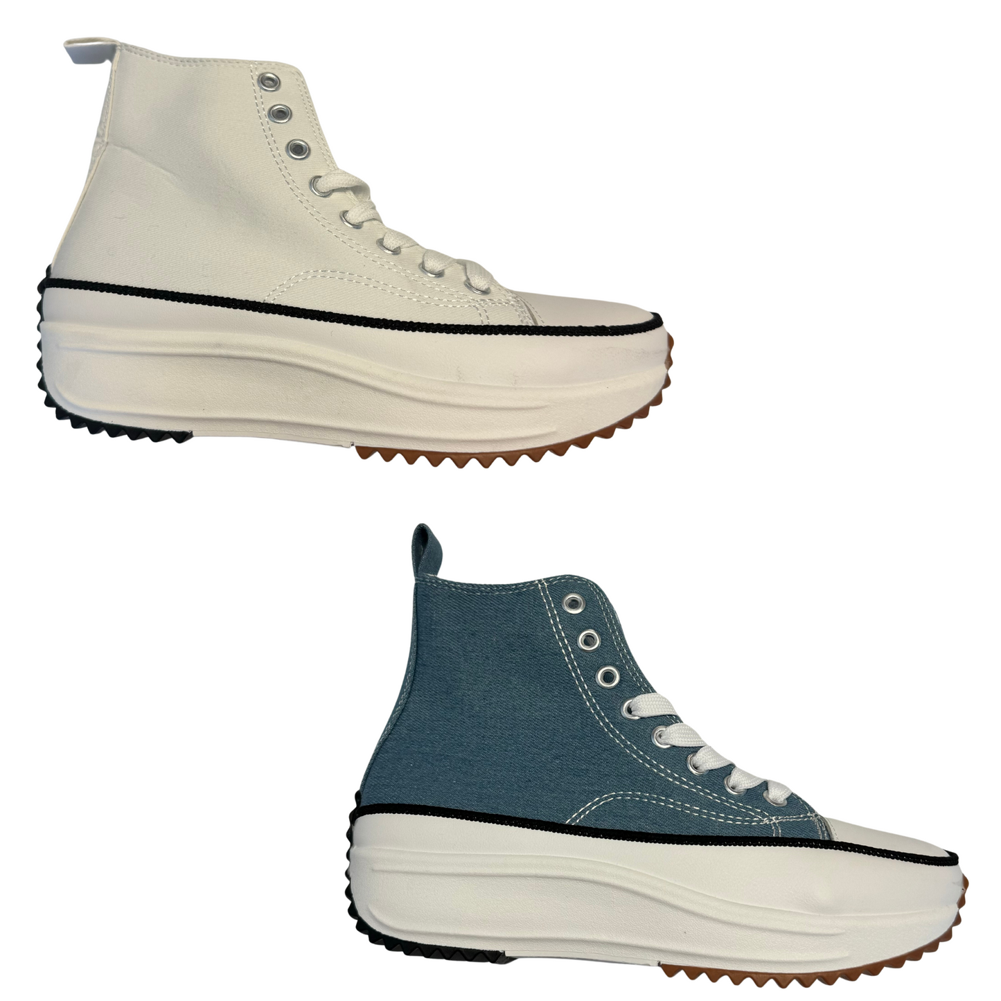 Stay on trend with these stylish High Top Sneakers. Crafted from lightweight materials in either a classic white or denim blue color, these sneakers are sure to make a statement.