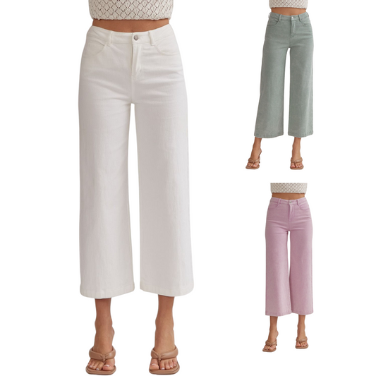These acid wash high waisted wide leg pants combine style and comfort. With a zipper front closure and pockets at the side and back, they are perfect for any occasion. Made of non-sheer lightweight material, these pants are unlined for a sleek look. Available in white, lavender, and seafoam.