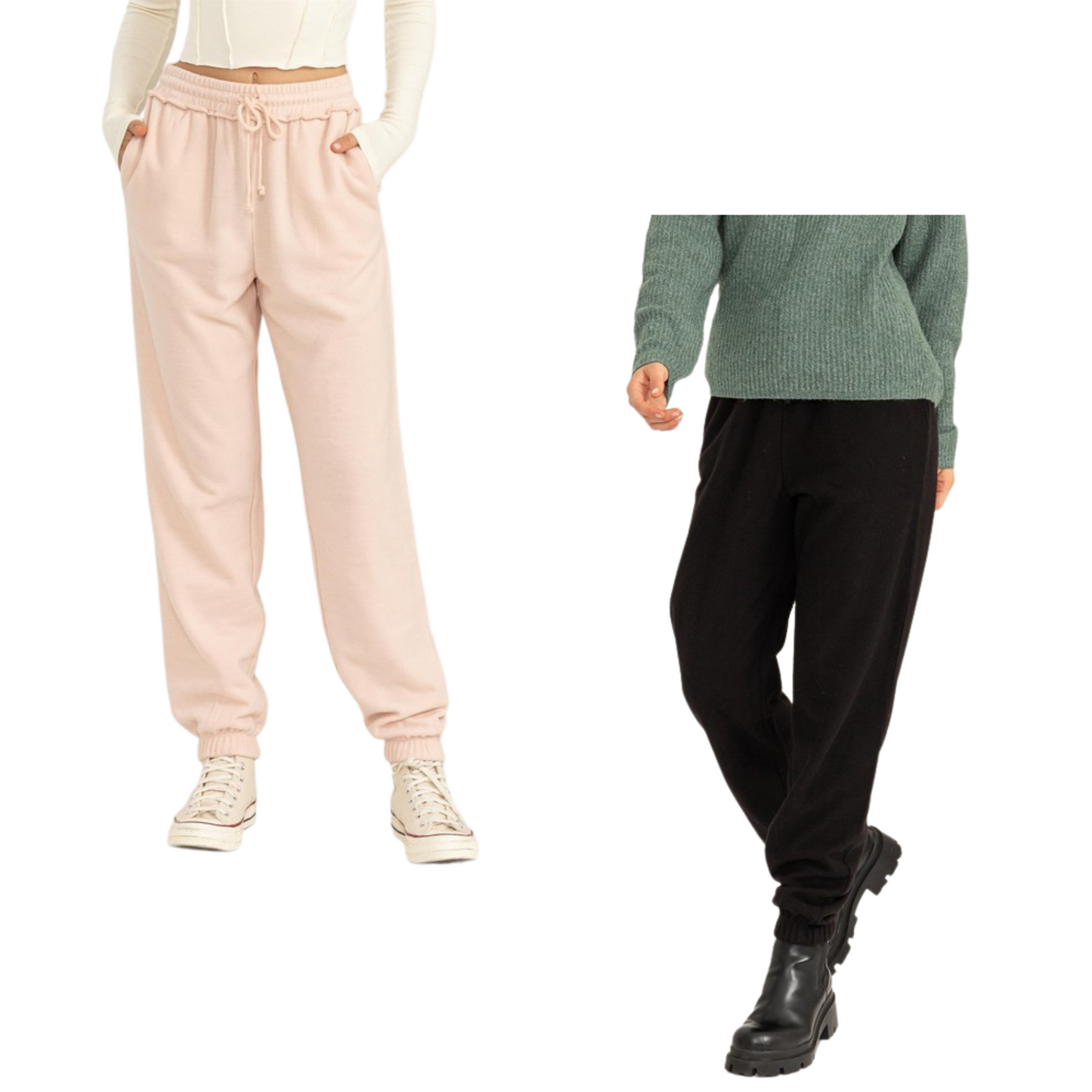 Our High Waisted Joggers provide a comfortable fit with a high, adjustable drawstring waist and relaxed legs with elastic cinching hems. Enhance your style with the unique reverse seam detailing and choose between black and duty pink.
