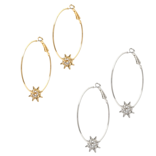 hoop earrings with a star accent. Available in silver and gold