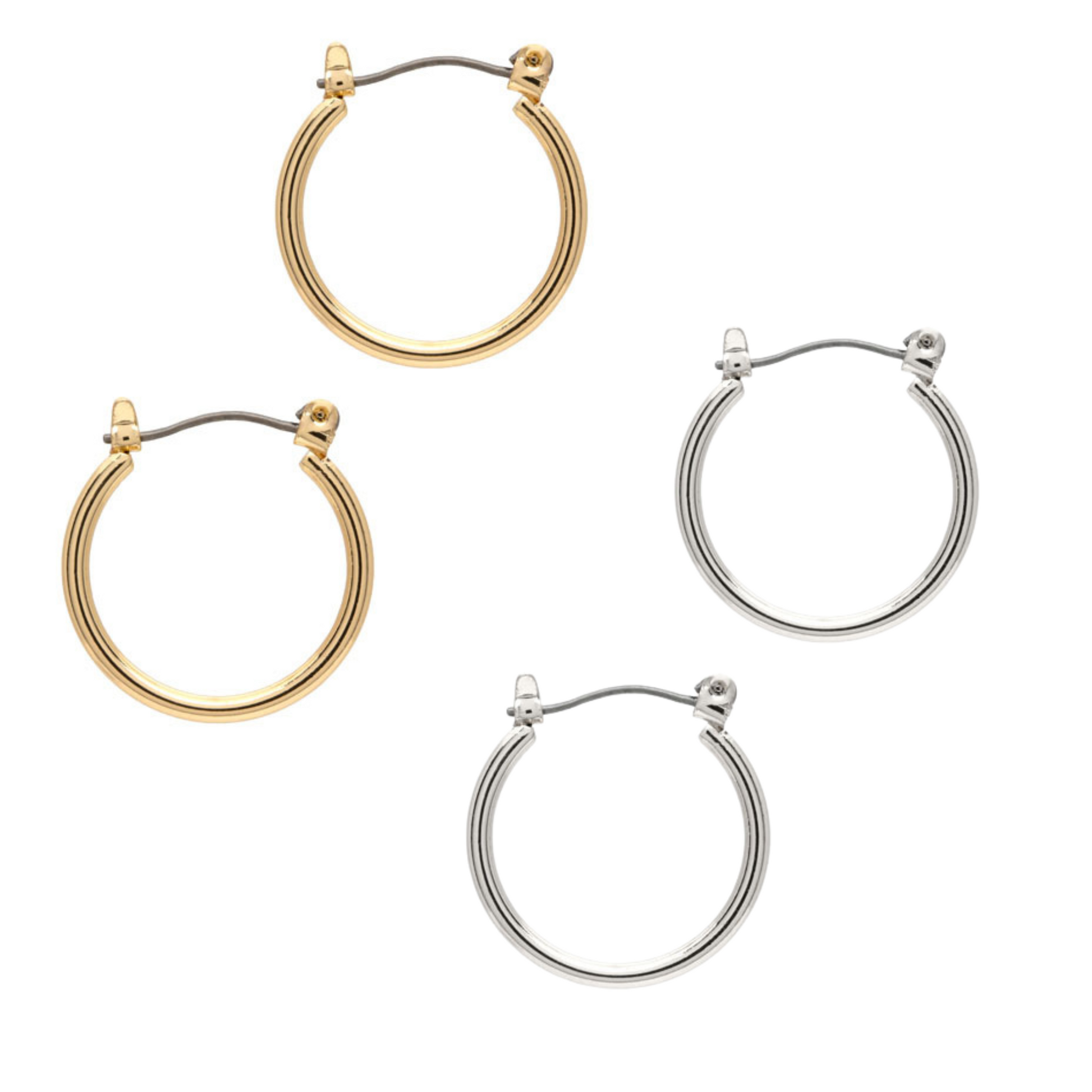 simple medium size hoop earrings. Available in silver and gold