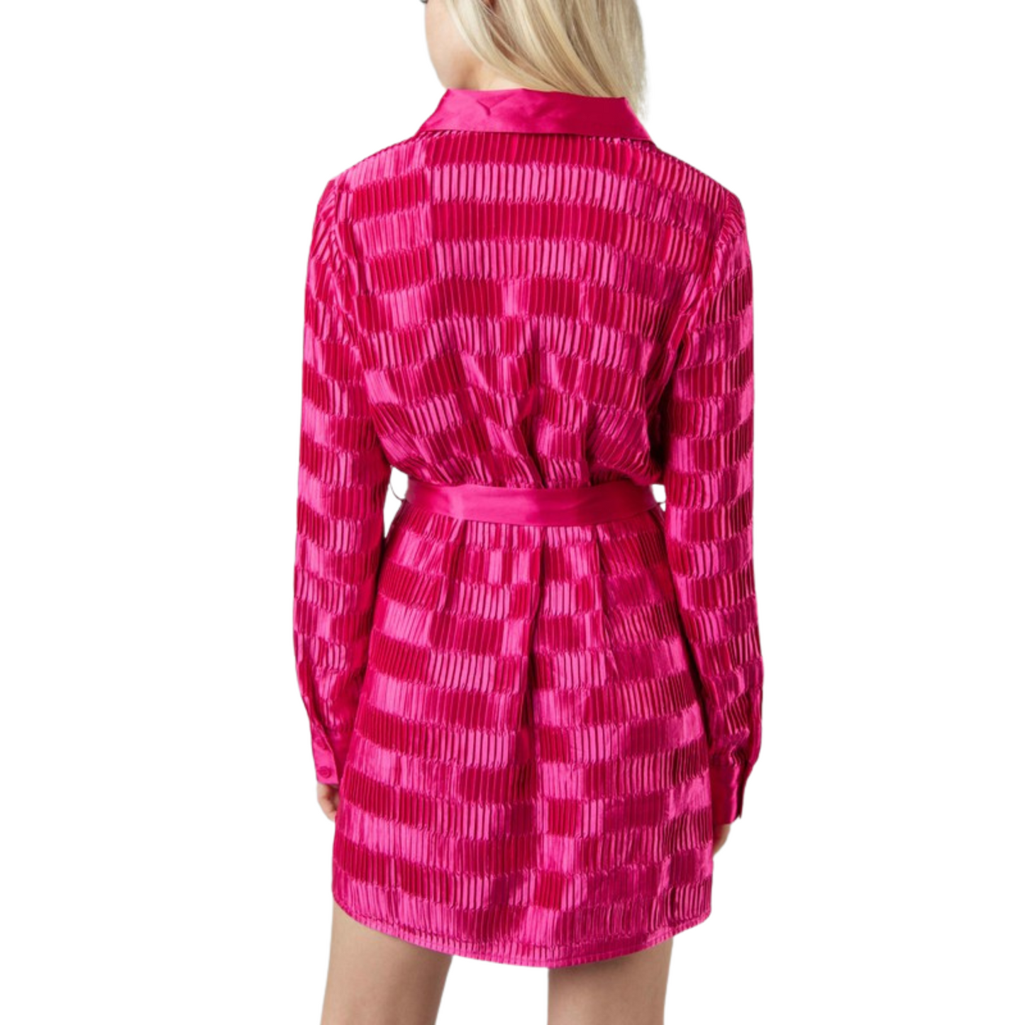 Stay festive this season in this elegant pleated shirt dress. Crafted from shiny satin, this mini dress has a button-down front, long-sleeves, and a waist tie belt for a flattering fit. Perfect for date night or holiday parties, this dress comes in hot pink and other bright colors that will turn heads.