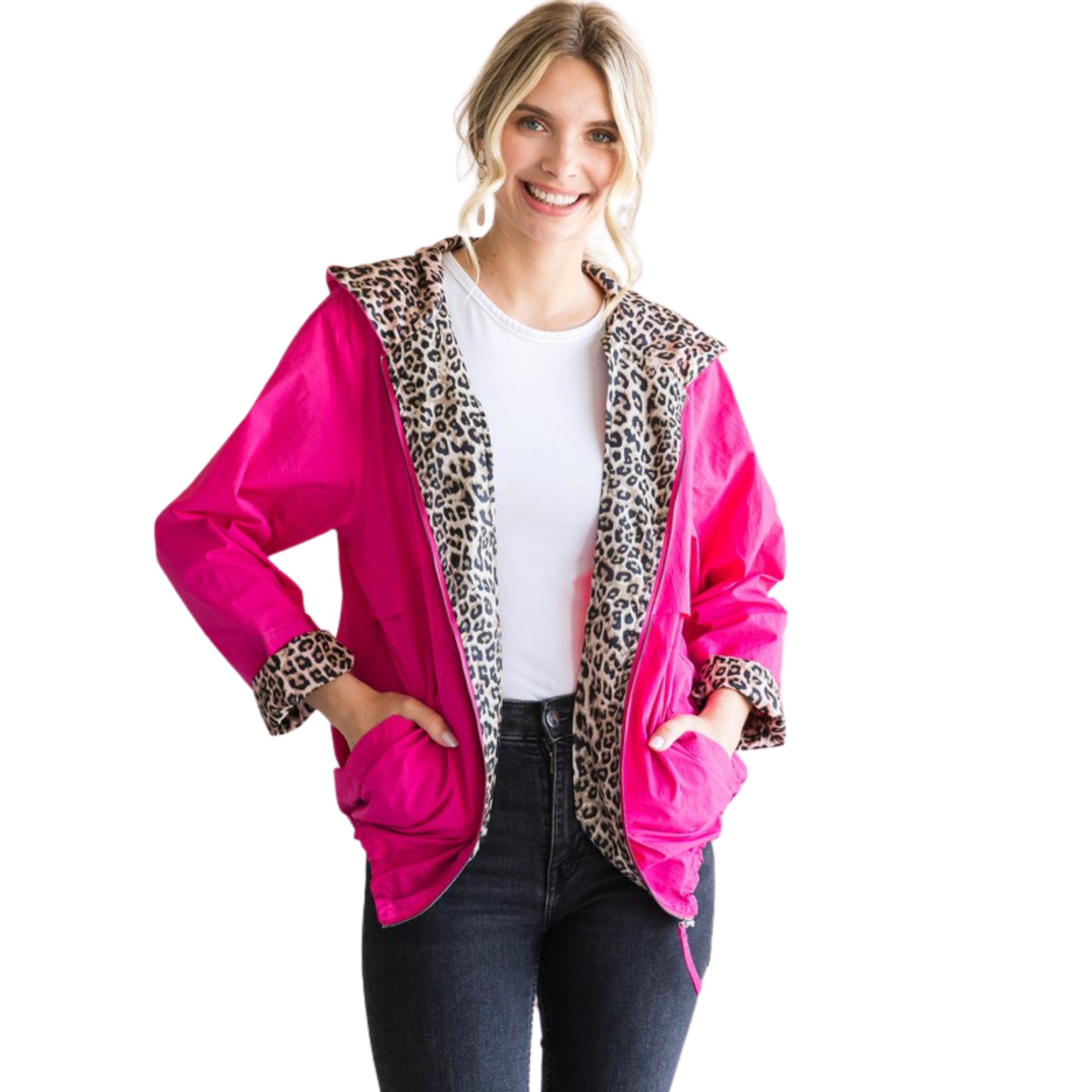 Leopard lined windbreaker jacket in hot pink