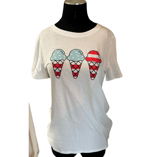 This white t-shirt is the perfect way to celebrate Fourth of July with its playful ice cream graphic and American flag design. Made with quality materials, it's comfortable and patriotic all at once. Show your love for the holiday and America with this unique tee.