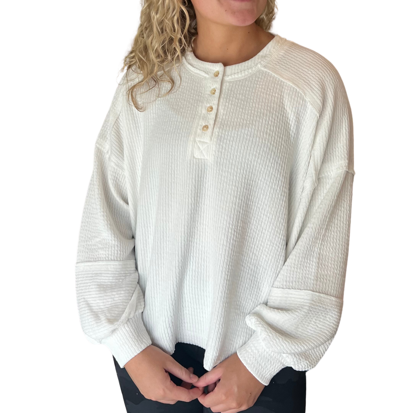 Plus size long sleeve ribbed henley top in ivory