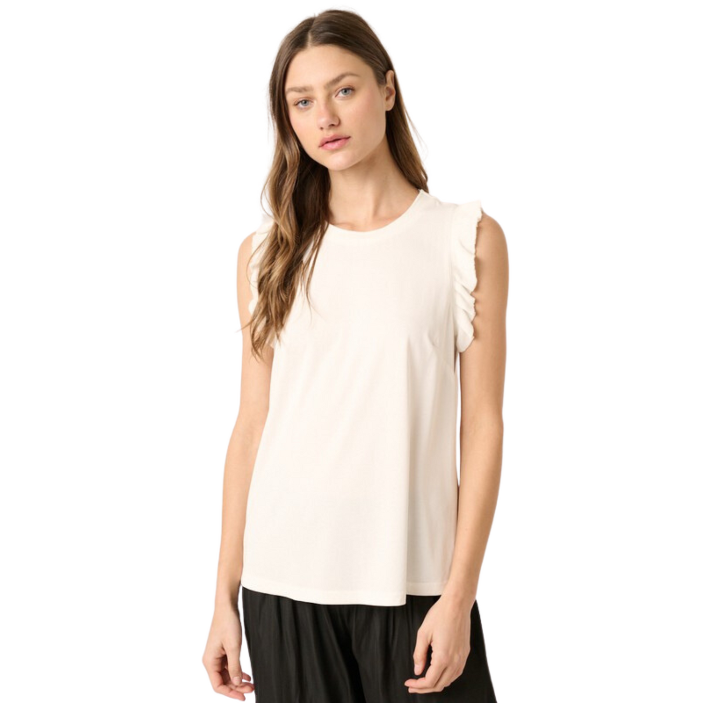 Ruffle trim cupro knit top in ivory