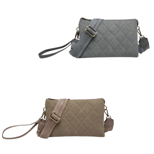 Izzy quilted crossbody purse. available in blue/grey and gold/taupe