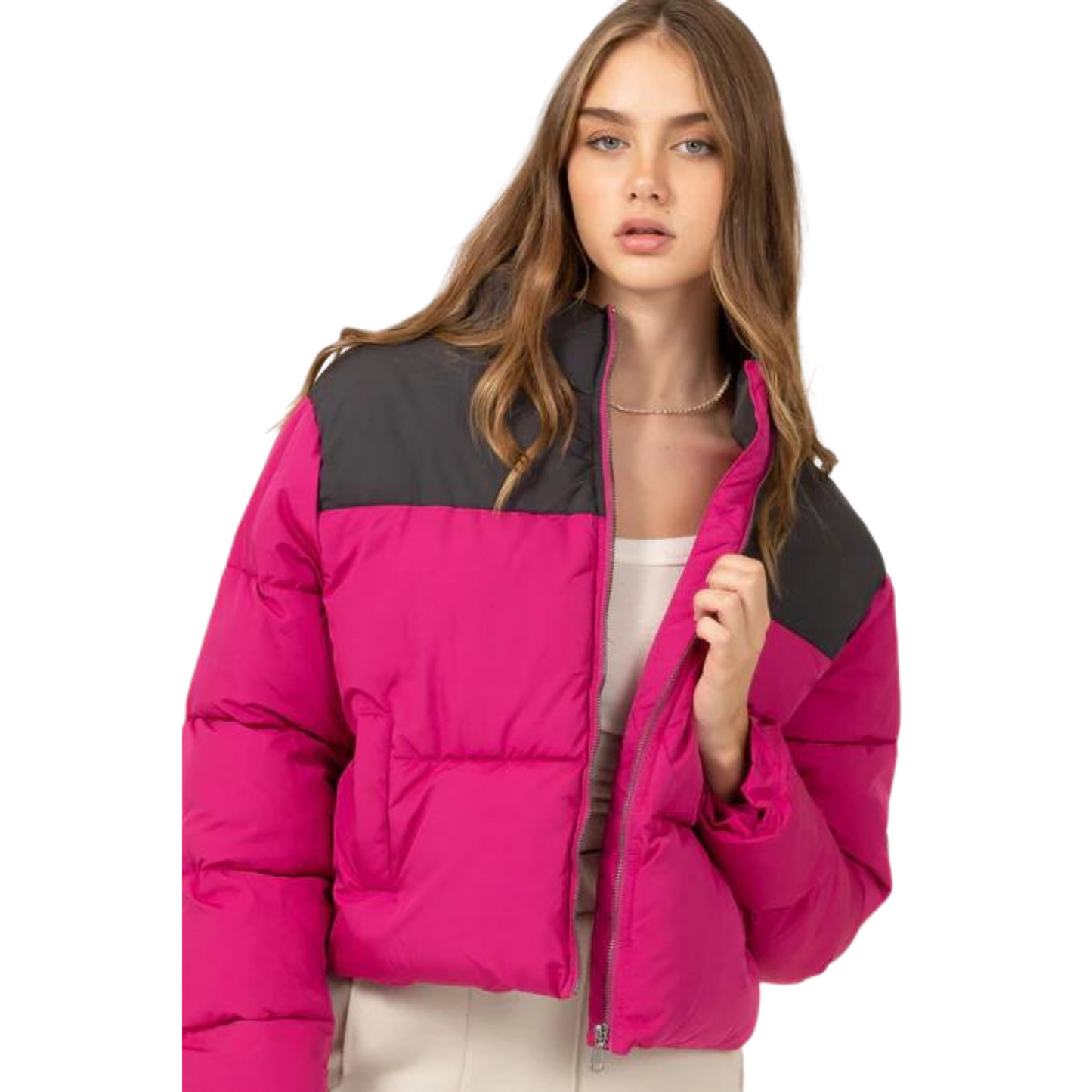 Color Block puffer jacket in jam